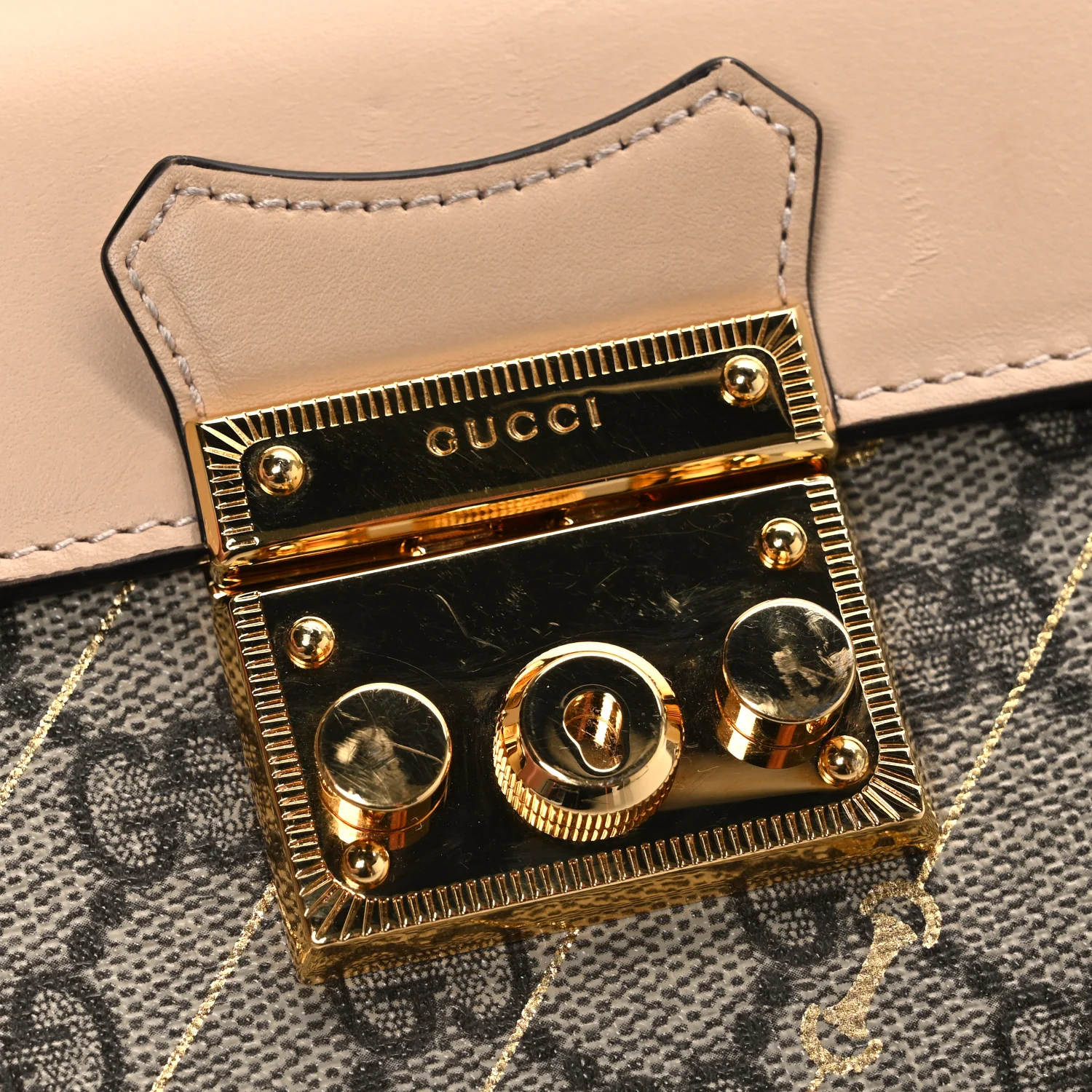 GG Supreme Monogram Calfskin Horsebit Print Mini Padlock Top Handle Shoulder Bag Beige Ebony Light Pink