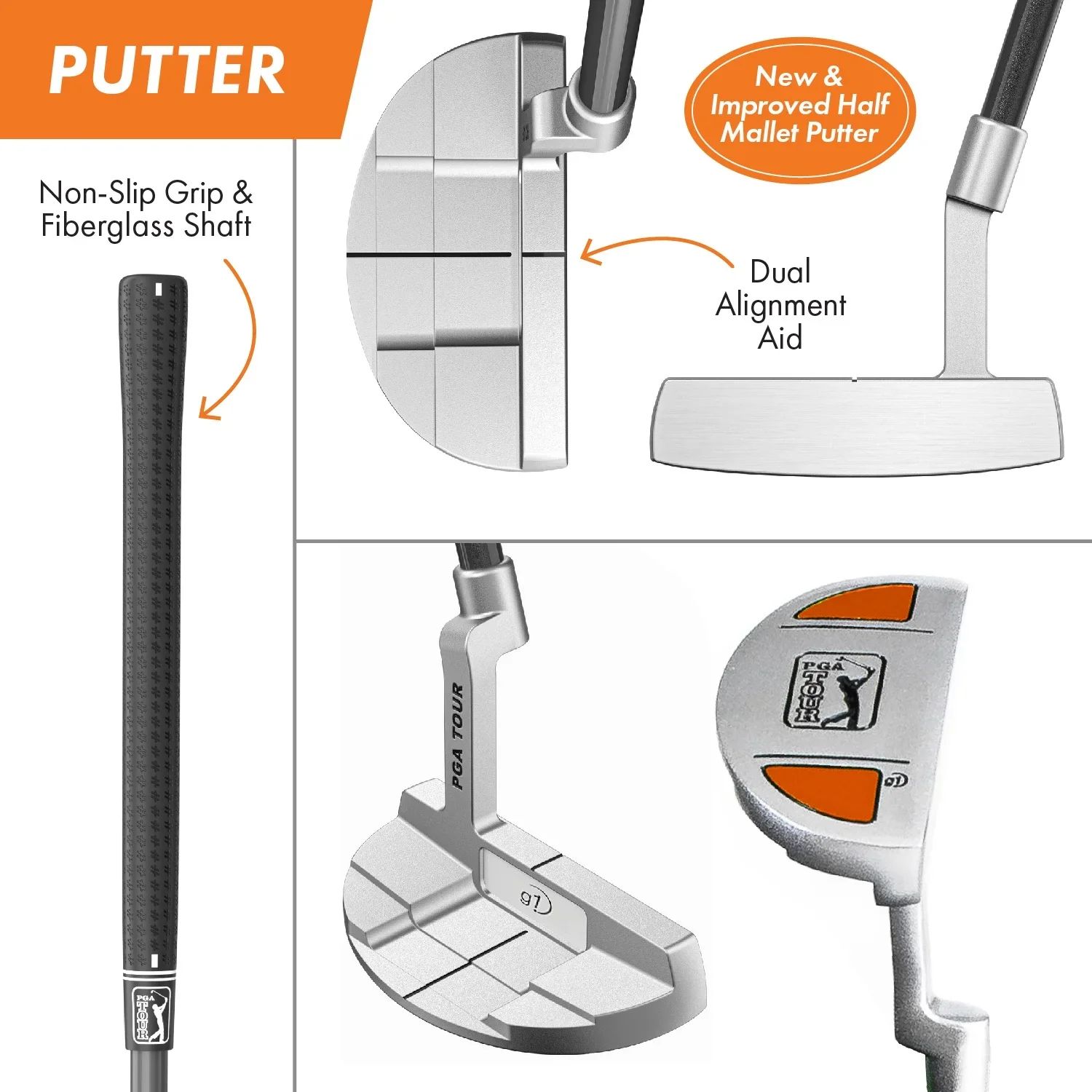 PGA Tour Right-Handed 10 Piece Kids Golf Club Stand Bag Set; Player Height 4'8 - 5'2, Ages 8-12