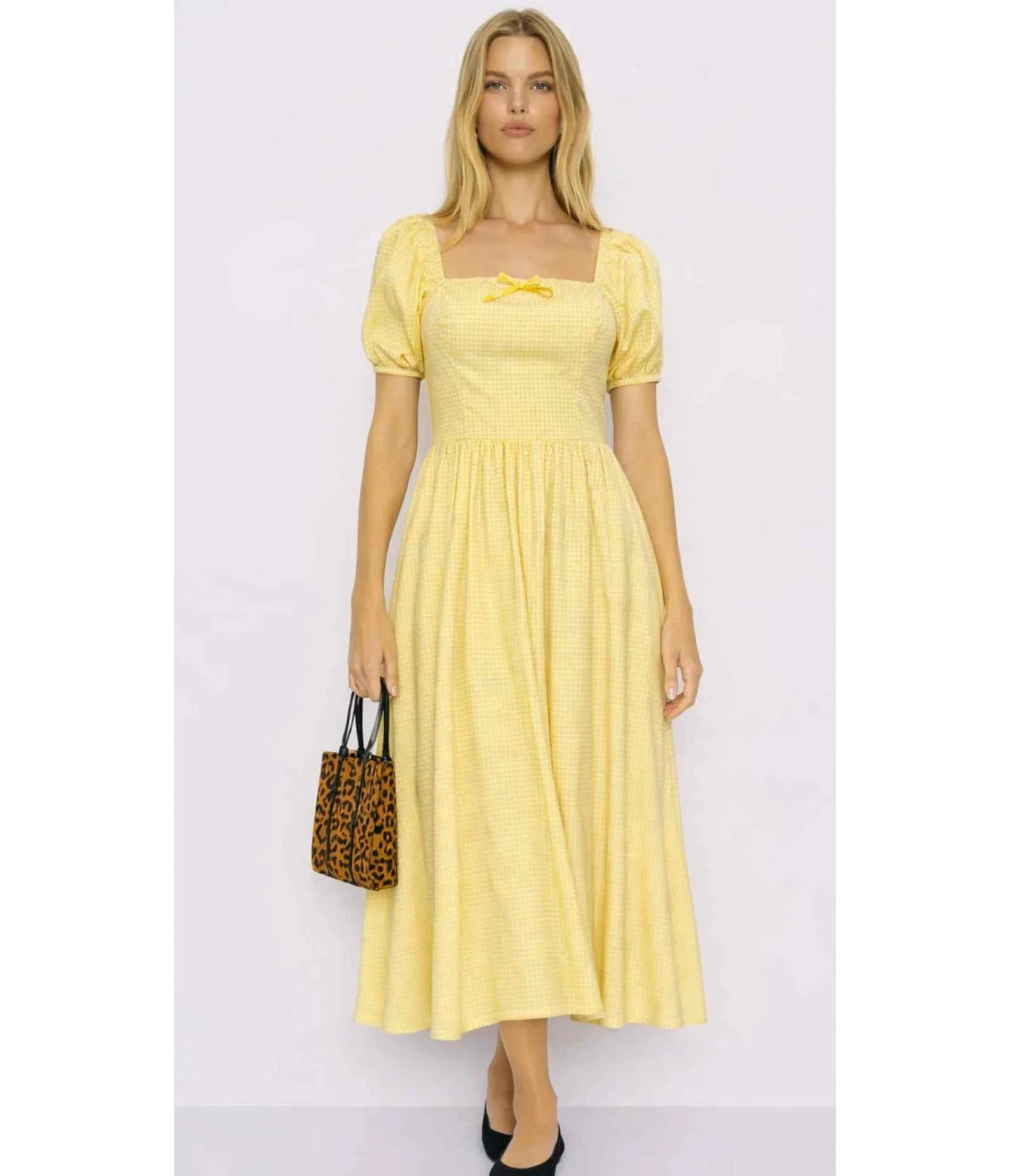 Yellow Gingham Puff Sleeve Midi Dress