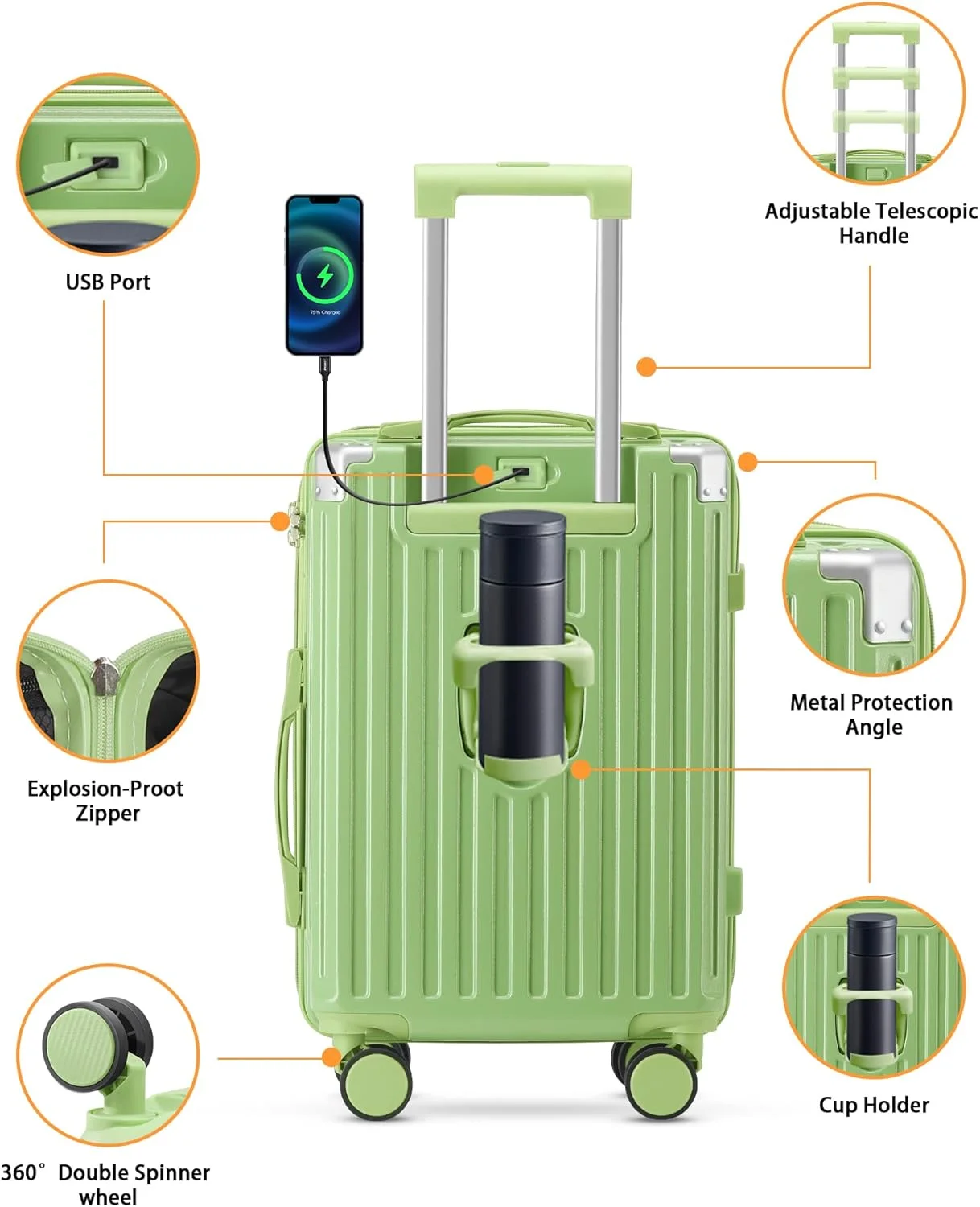 20 Inch Carry On Luggage With Cup Holder USB Port, Airline Approved TSA-locked Luggage, Lightweight PC Material Travel Suitcase With 360�� Spinner Wheel(20in-White/20in) - Image 8