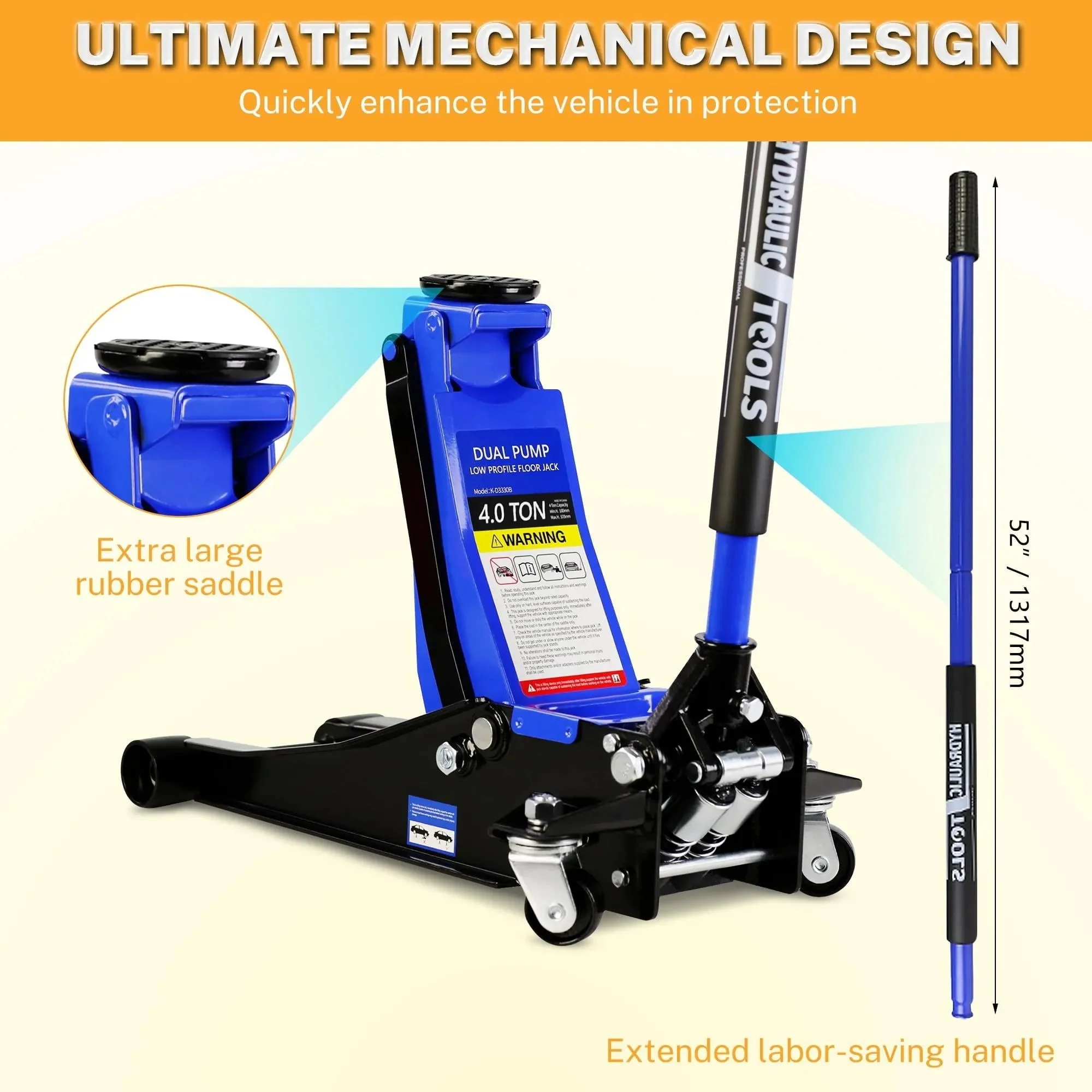 4-TON Floor Jack, Low Profile Car Jack, Heavy-duty Trolley Jack Car Lift with Dual Pump Pistons, Lifting Range 4"-21", 8000LBS