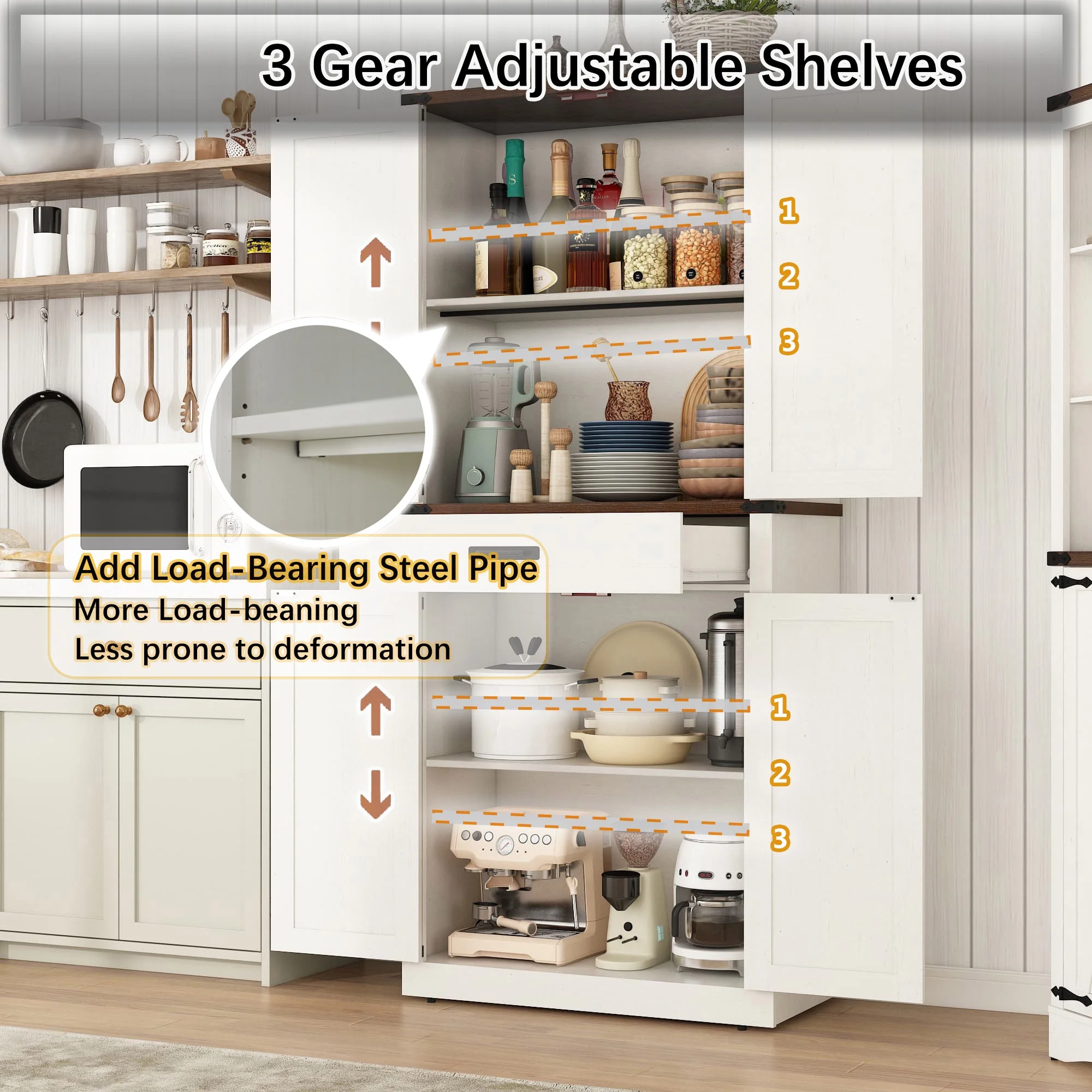 72" Tall Farmhouse Kitchen Pantry Cabinet w/1 Drawer 4 Roomy Storage Shelves, Versatile Wood Storage Cabinet with 4 Barn Door Adjustable Shelves for Dining Room Bathroom Utility Room(White) - Image 2