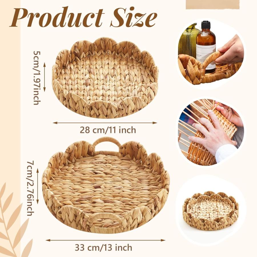 2 Pcs Round Rattan Tray 11'' And 13'' Wicker Tray Woven Serving Tray Scalloped Edge Basket Tray With Handles Seagrass Tray Weaving Open Storage