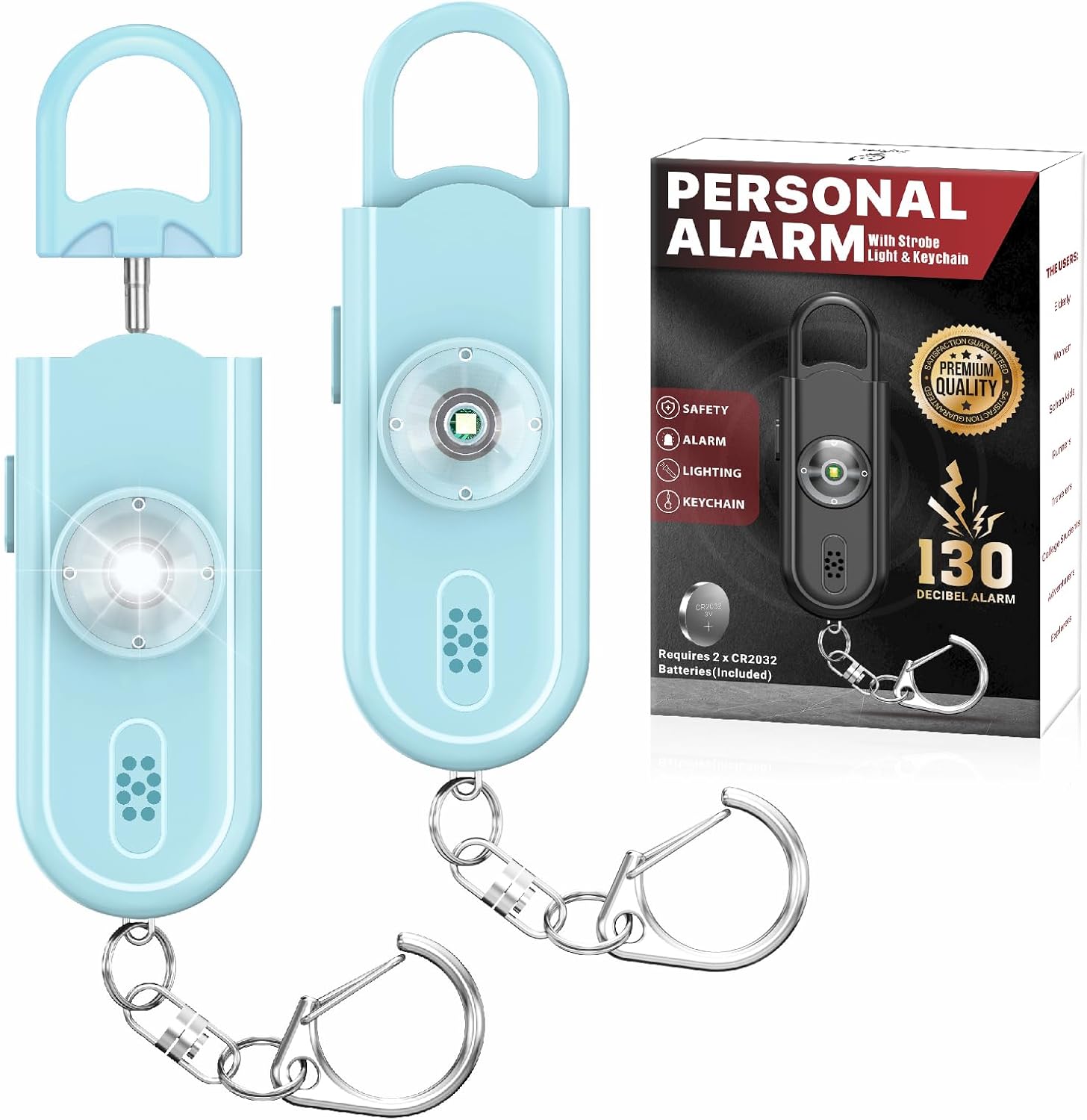 Personal Safety Alarm Keychain for Women 2PCS -130 dB Loud Siren with SOS Strobe Light, Flashlight, Double Speakers, Safe Defense Key Chain for Girls Kids Elders Emergency Call