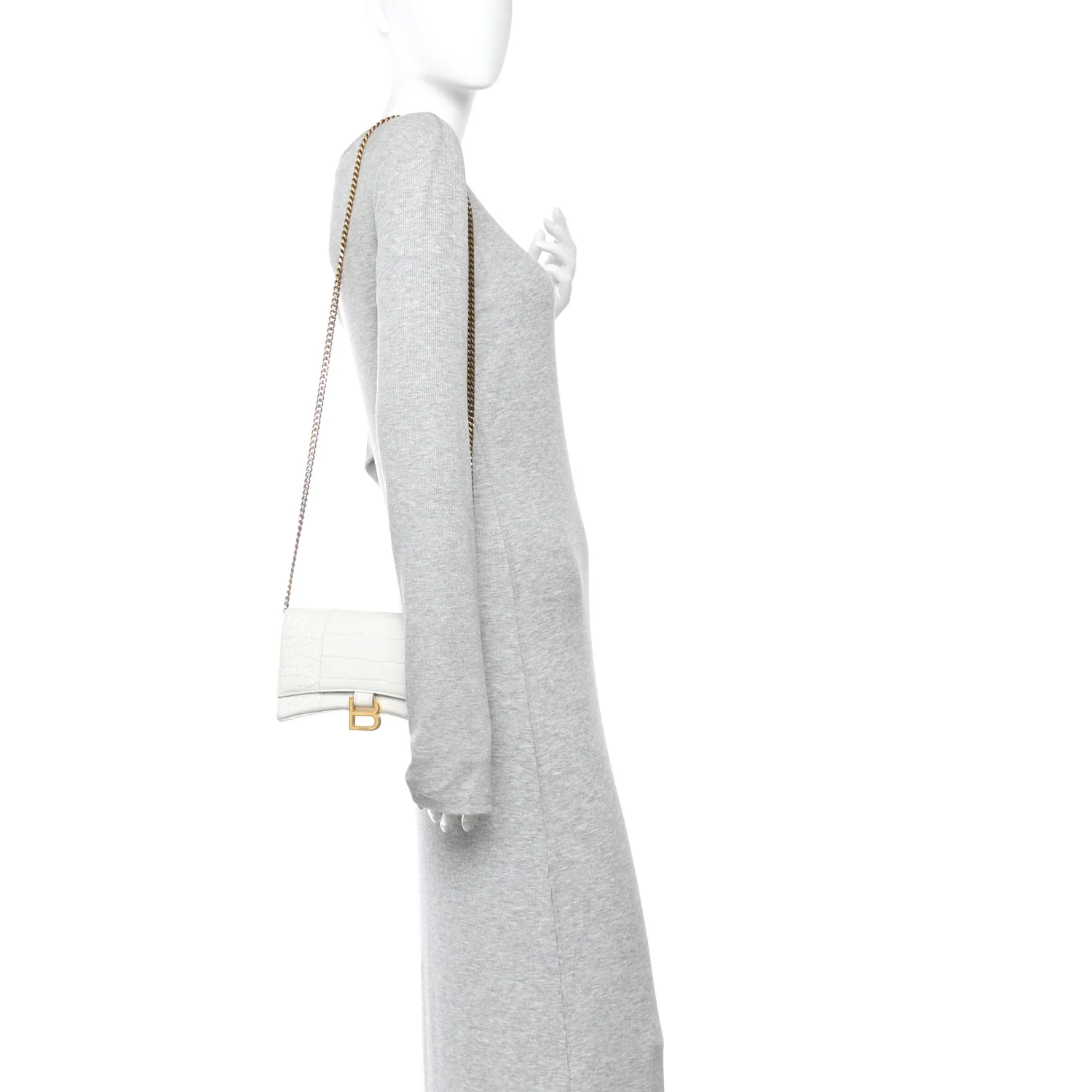 Shiny Calfskin Crocodile Embossed Hourglass Chain Bag White