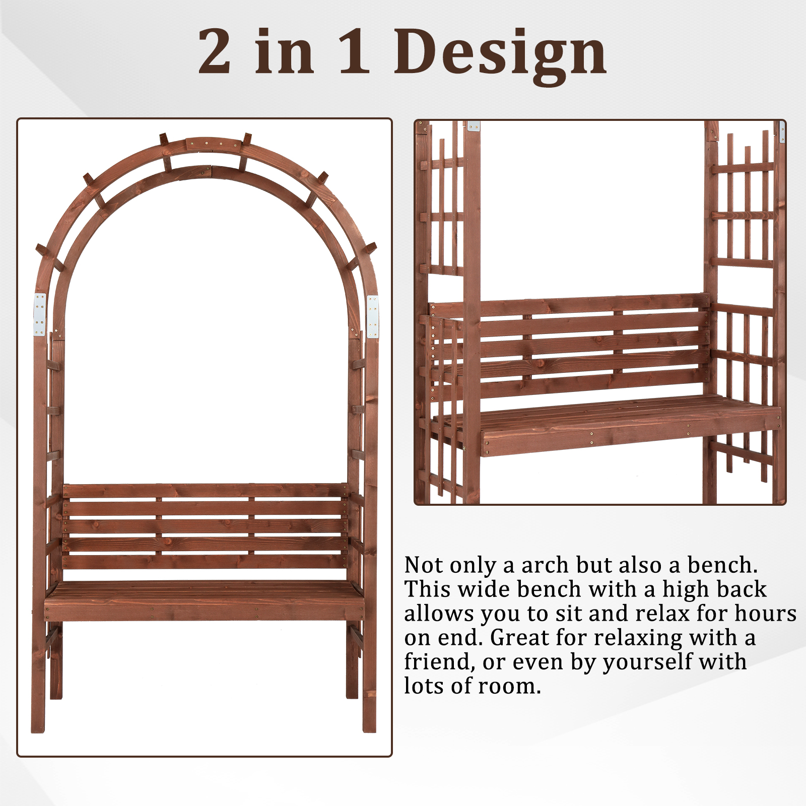 6.8FT Wooden Arch with Bench for 2 People, Garden Arbor Trellis for Climbing Plant, Outdoor Garden Lawn Backyard Patio Decor, Dark Brown - Image 4