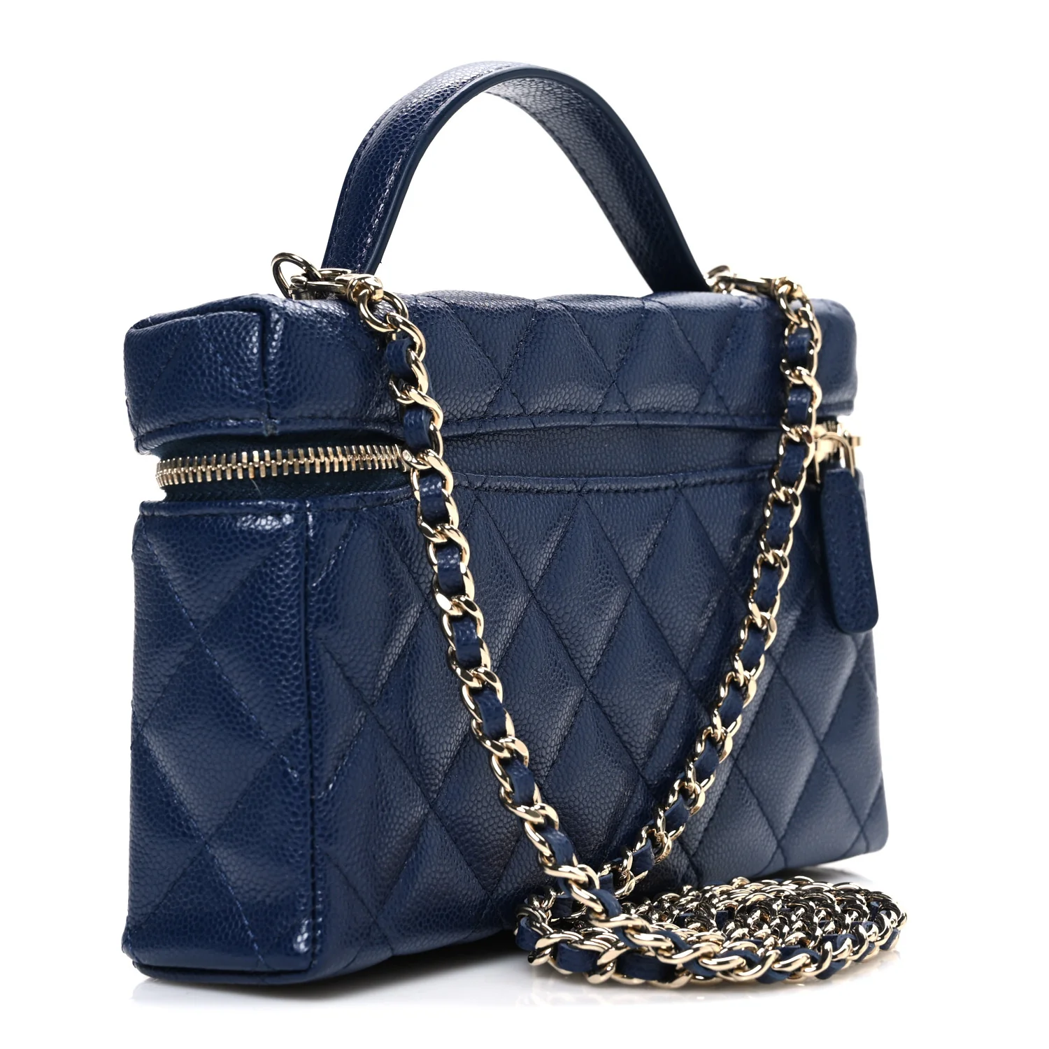 Caviar Quilted Top Handle Slim Vanity With Chain Navy