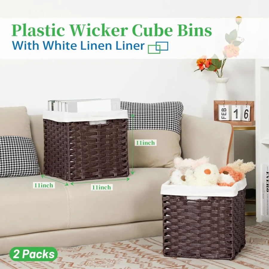 Wicker Storage Baskets With Liners 11x11 Storage Cube Bins For Organizing Imitation Rattan Woven Baskets 2-Pack Woven Storage Baskets With