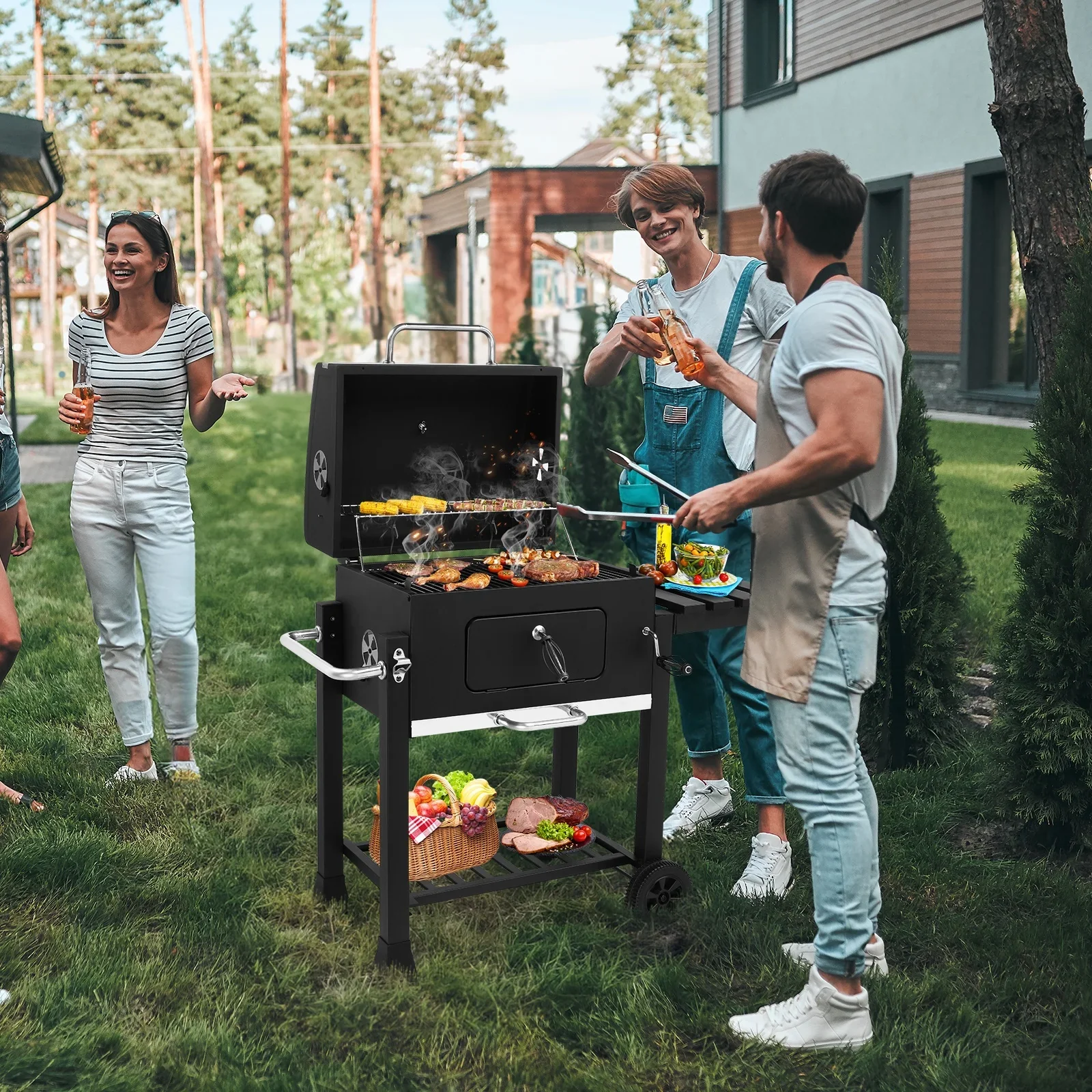 Seizeen Charcoal Grill, 42.5''H Portable BBQ Grill on Wheels, Heavy-duty Outdoor Grill w/2 Grill Area, Adjustable Pan & Foldable Side Table, Picnic Patio Garden and Backyard Grilling