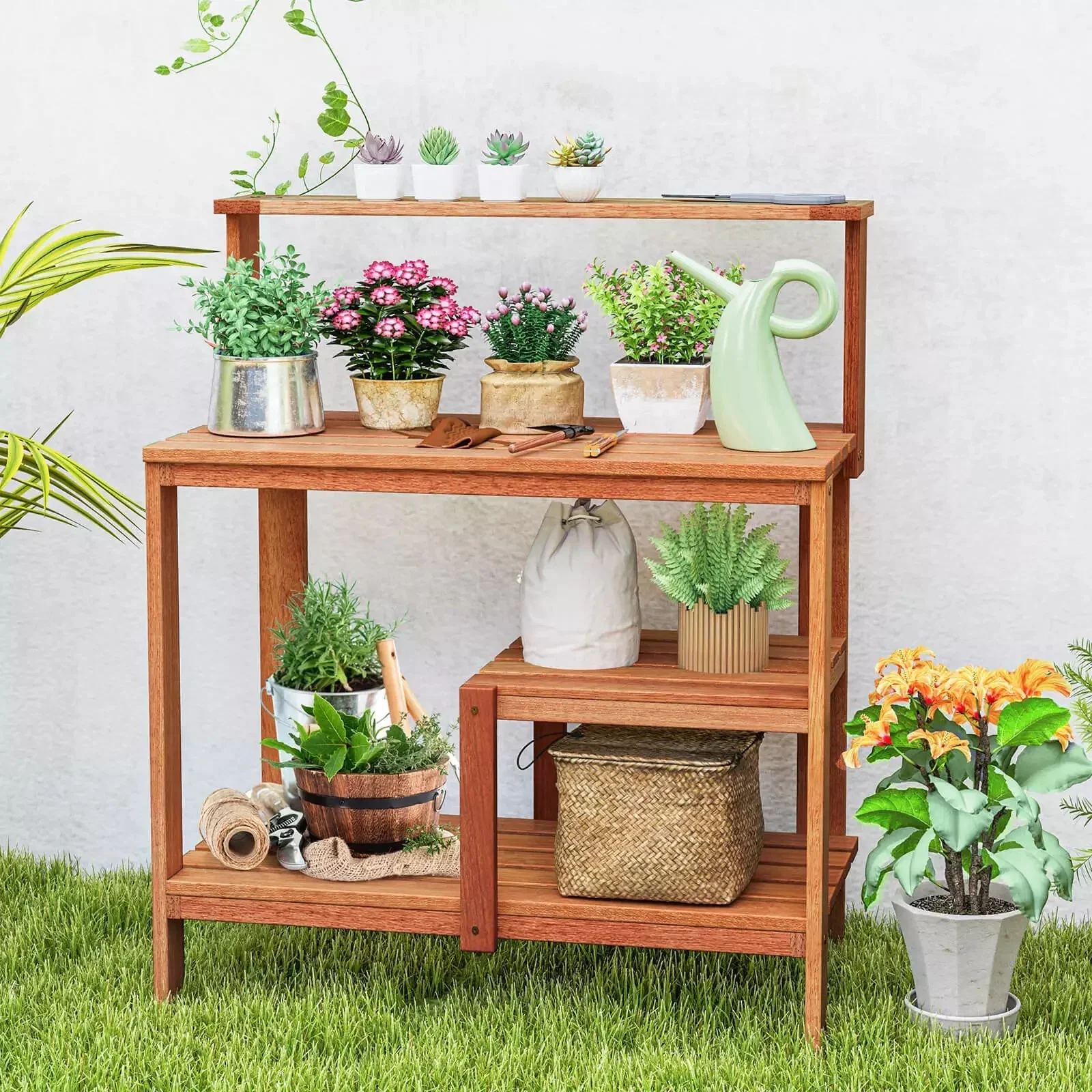 Auranook Outdoor Potting Bench Table, Solid Wood Potting Table with Open Shelves, Teak Oil Finish, Gardening Workstation & Planting Work Table