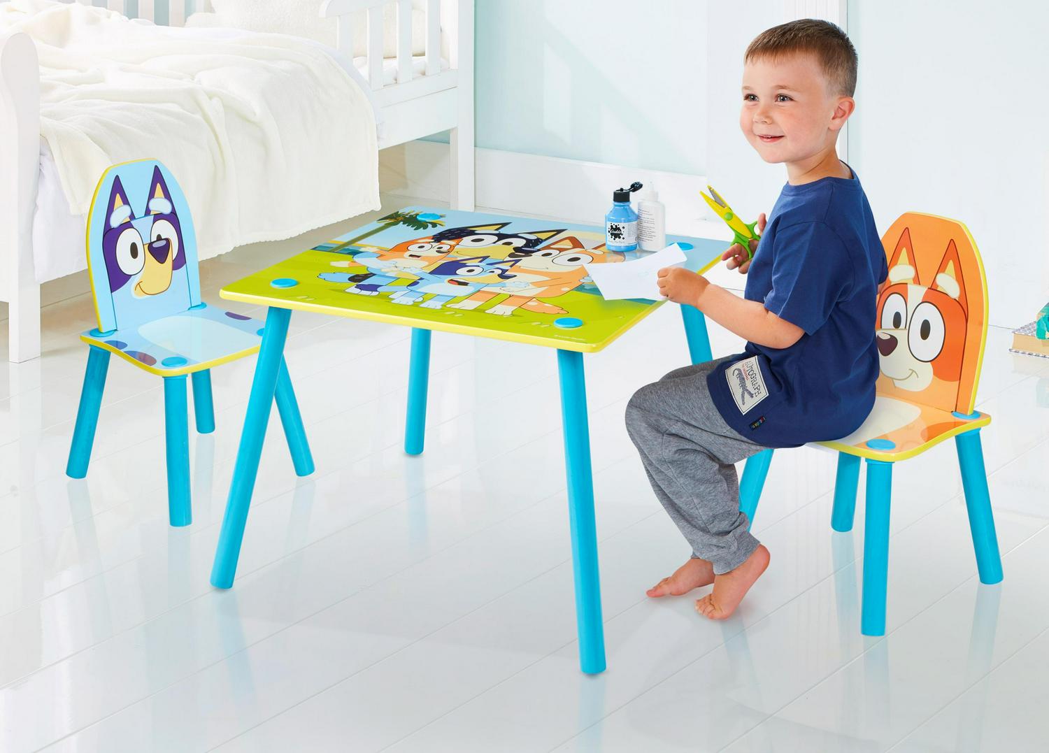 Bluey. Wooden Kids Table and 2 Chairs Set. 23.2 x 23.2 x 17.1 in Bluey and Bingo Chairs. Preschool. 18 M+
