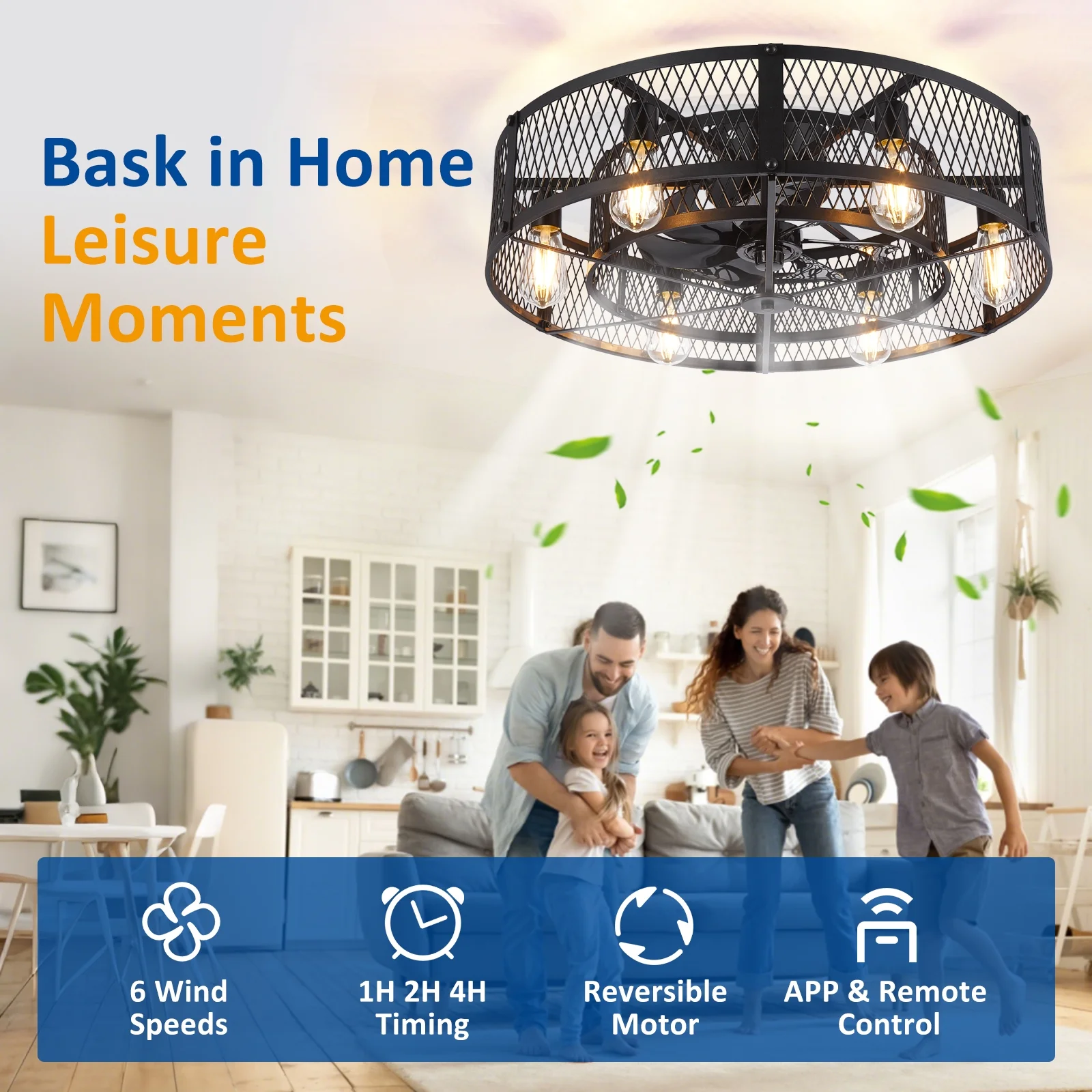 26 - Inch Farmhouse Caged Ceiling Fan with Light, Remote & APP Control Quiet DC Motor E26 Bulbs Included Black
