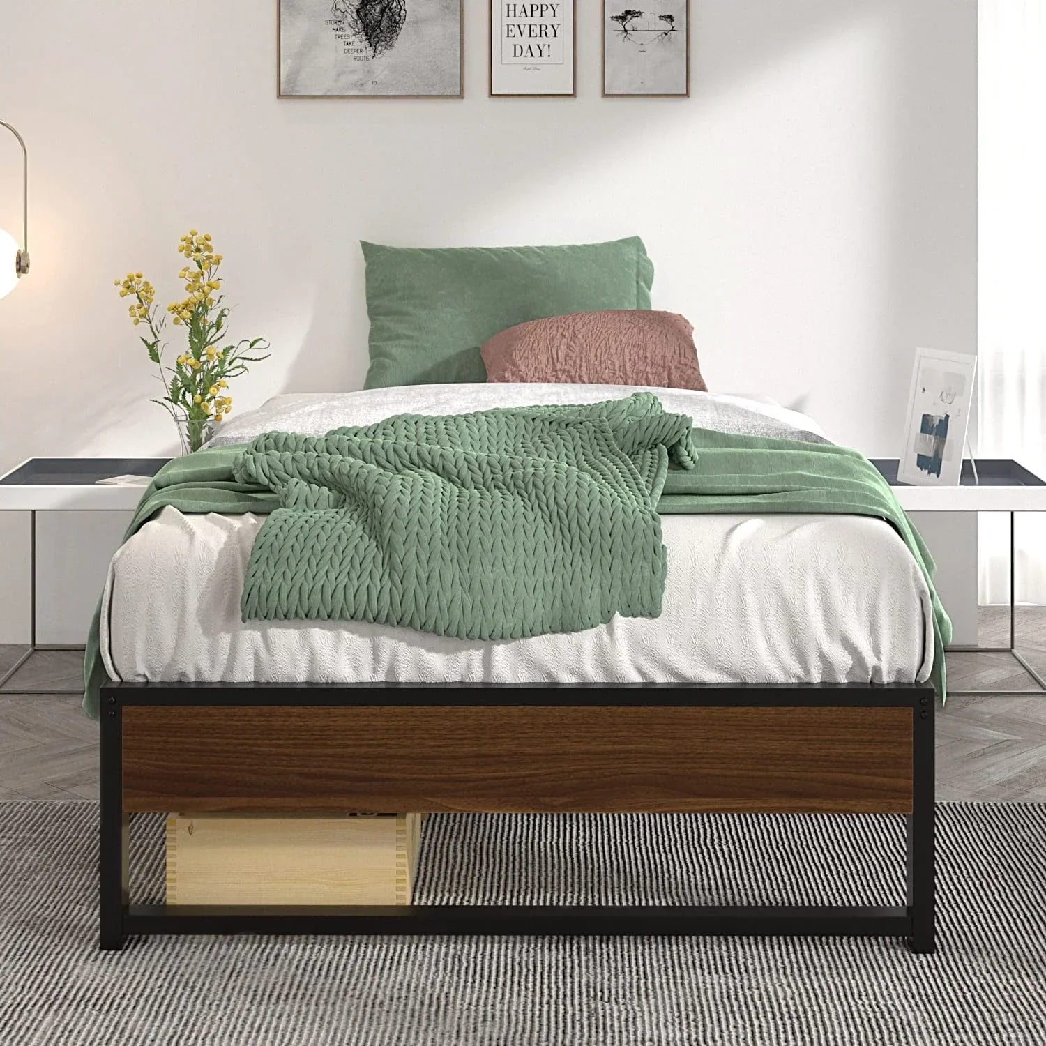 Allewie Black Twin Size 14 Inch Metal Platform Bed Frame, Non-Headboard, Mattress Foundation with Metal Slat Support