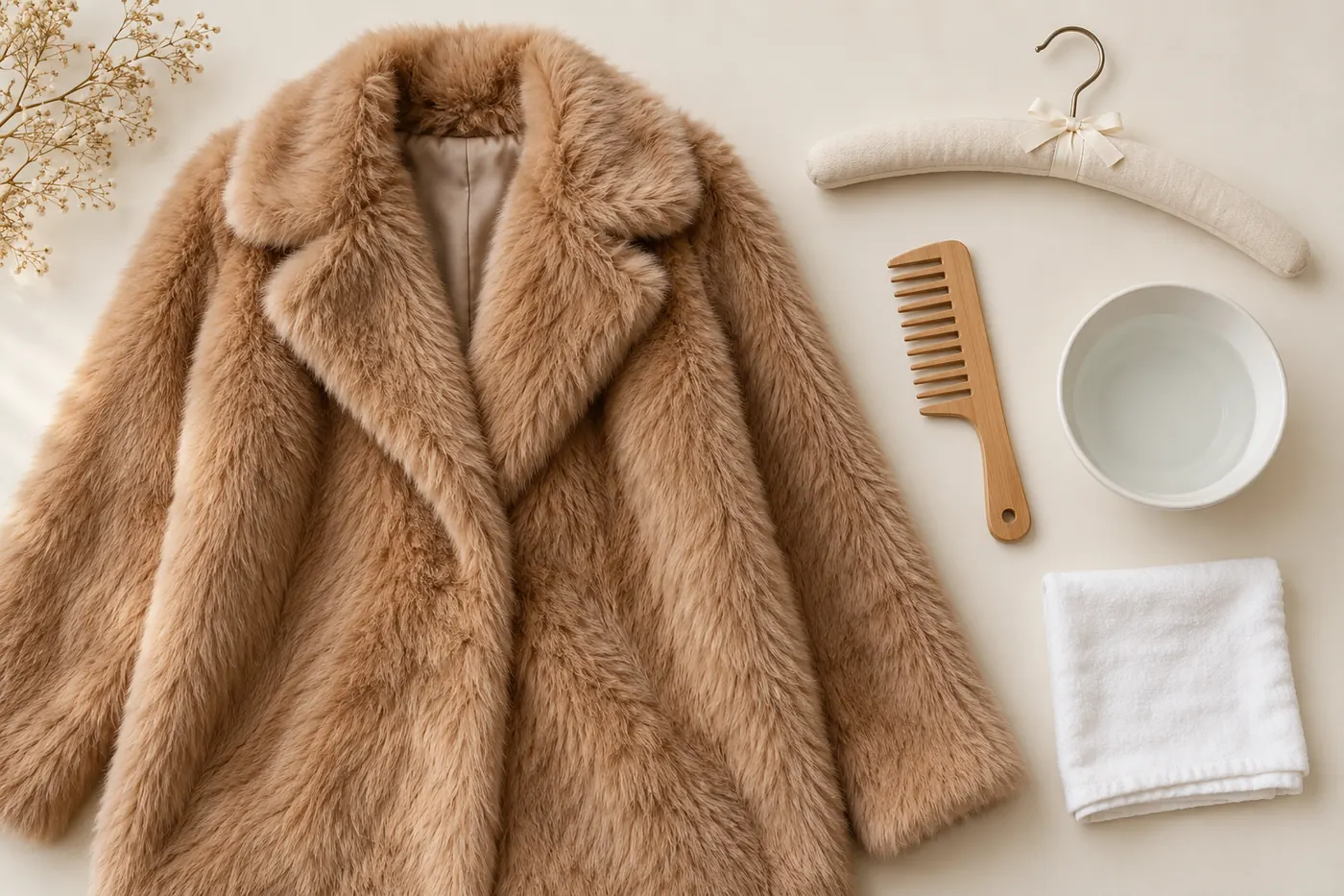 Faux fur coat care essentials including a padded hanger, soft cloth and wide-tooth comb