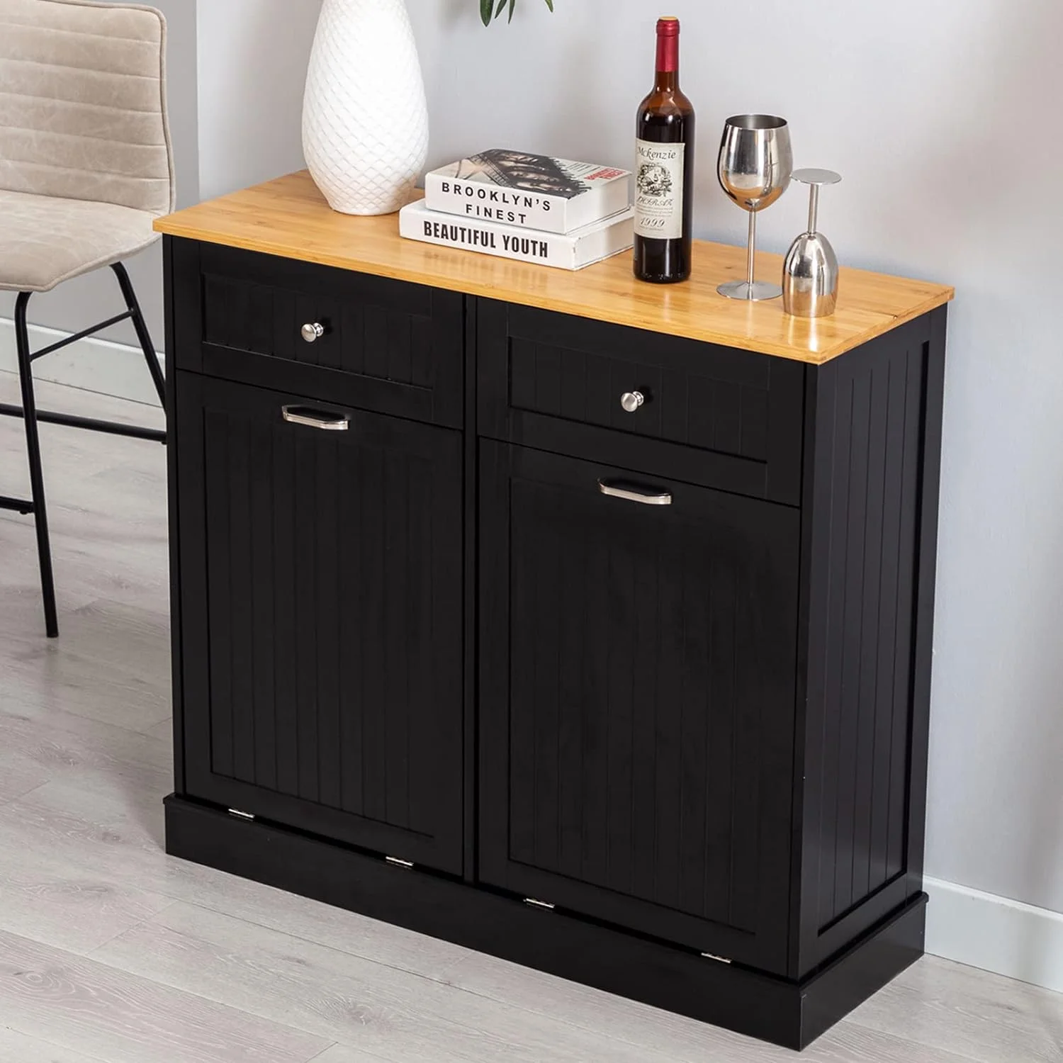 Hlivelood Double Trash Cabinet Tilt Out 20 Gallon, Pet Proof Kitchen Trash Cabinet Laundry Hamper with Cutting Board, Wood Garbage Recycling Station Hideaway Trash Holder Drawers