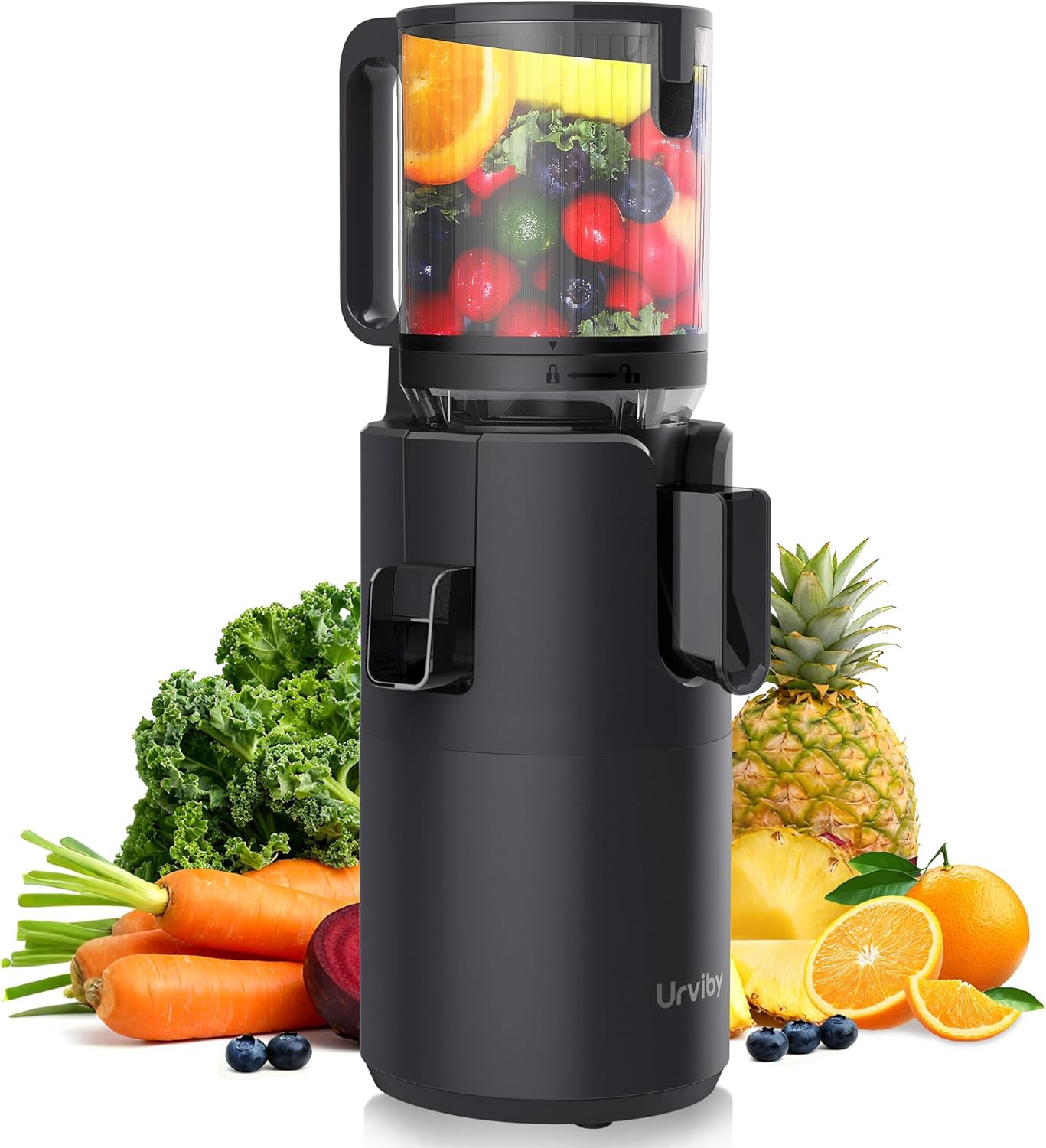 Cold Press Juicer, Double Press Technology Slow Masticating Juicer Machines, 5-Inch Feed Chute, High Juice Yield, Juice Extractor for Whole Fruits and Vegetabes, Easy to Clean, Black