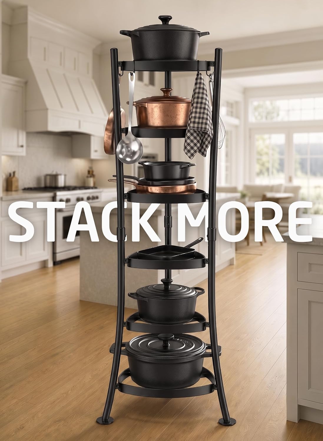 KES 264 Lbs Capacity Freestanding Pot Rack, 6-Tier Cast Iron Cookware Stand with 6 Hooks, Pots and Pans Storage Tower for Kitchen, Stable Base, Anti-tip Strap & Floor Protectors Black, KUR531S6-BK