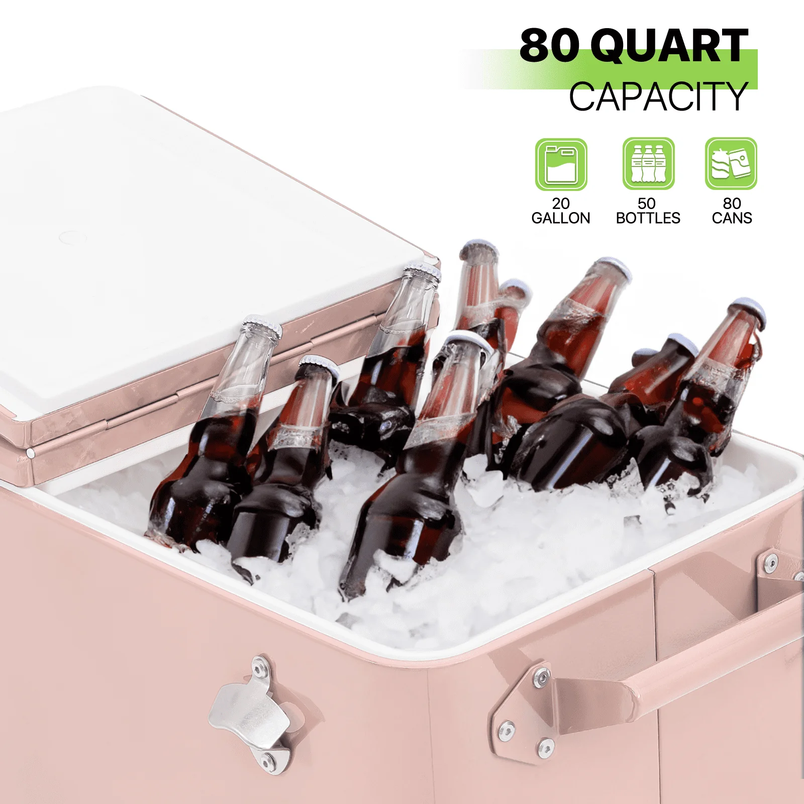 Magshion 80 Quart Rolling Cooler Ice Chest, Portable Bar Cold Drink Beverage Cart Tub, Backyard Cooler Trolley on Wheels with Ice Scoop, Catch Tray Bottle Opener, Pink(Black) Image 7