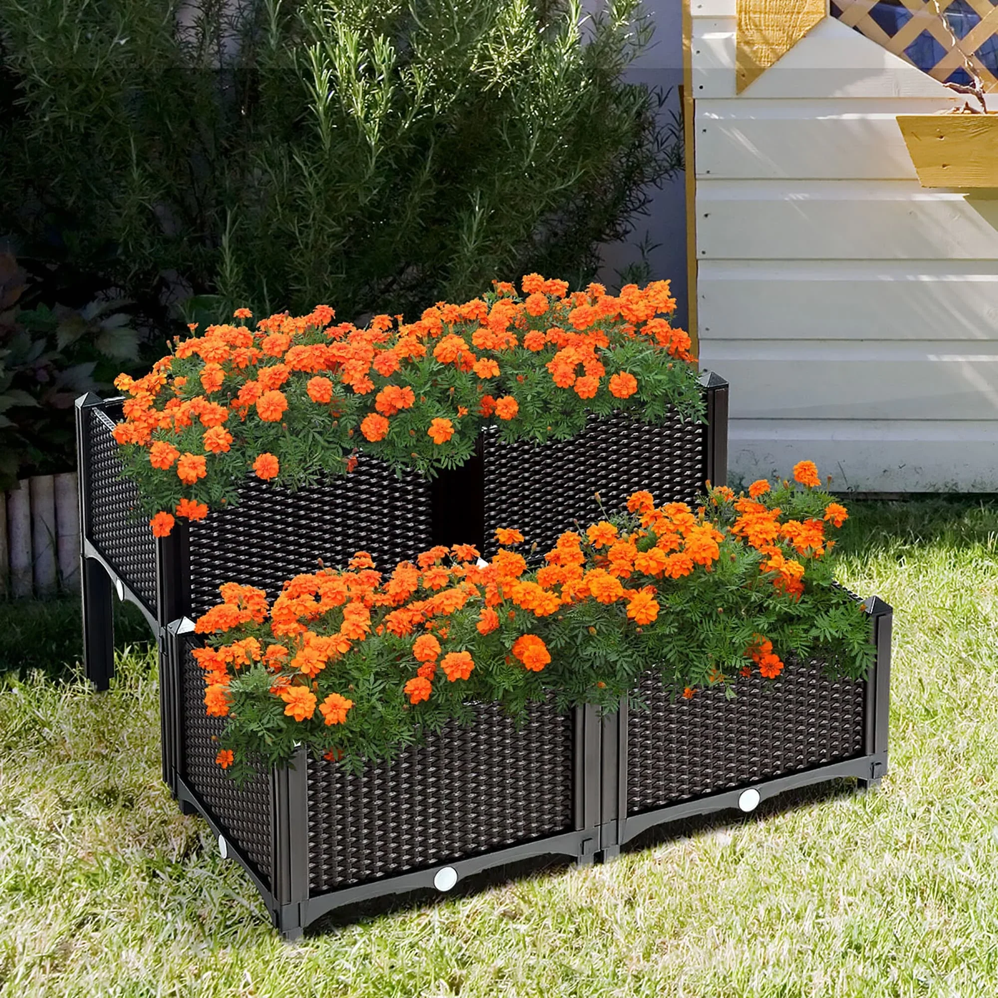 Set of 4 Raised Garden Bed Kits Plastic Elevated Garden Bed Brown + Black