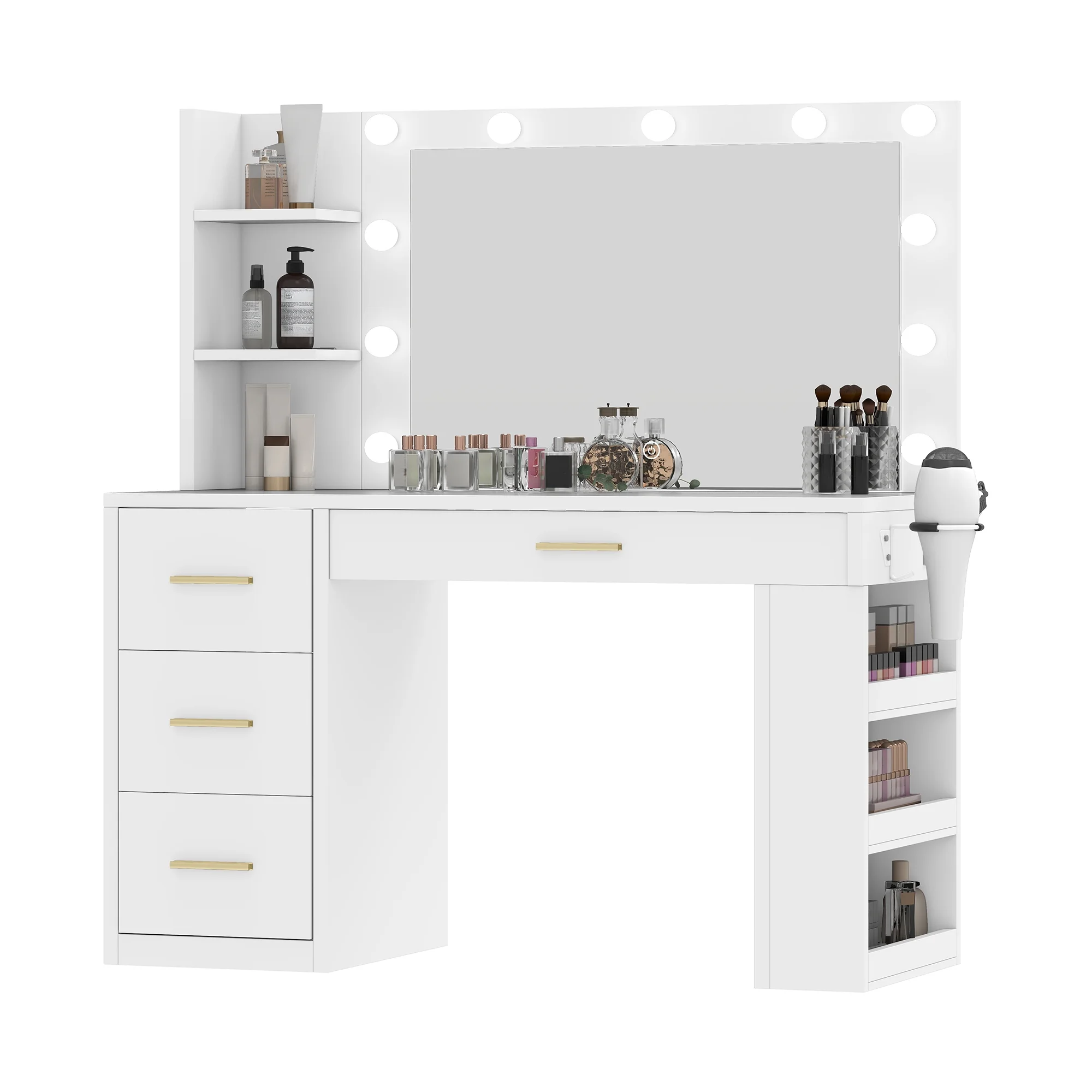 Makeup Vanity Desk with Mirror Lights, Vanity Desk with 4 Drawers Storage Shelves White(White) - Image 4