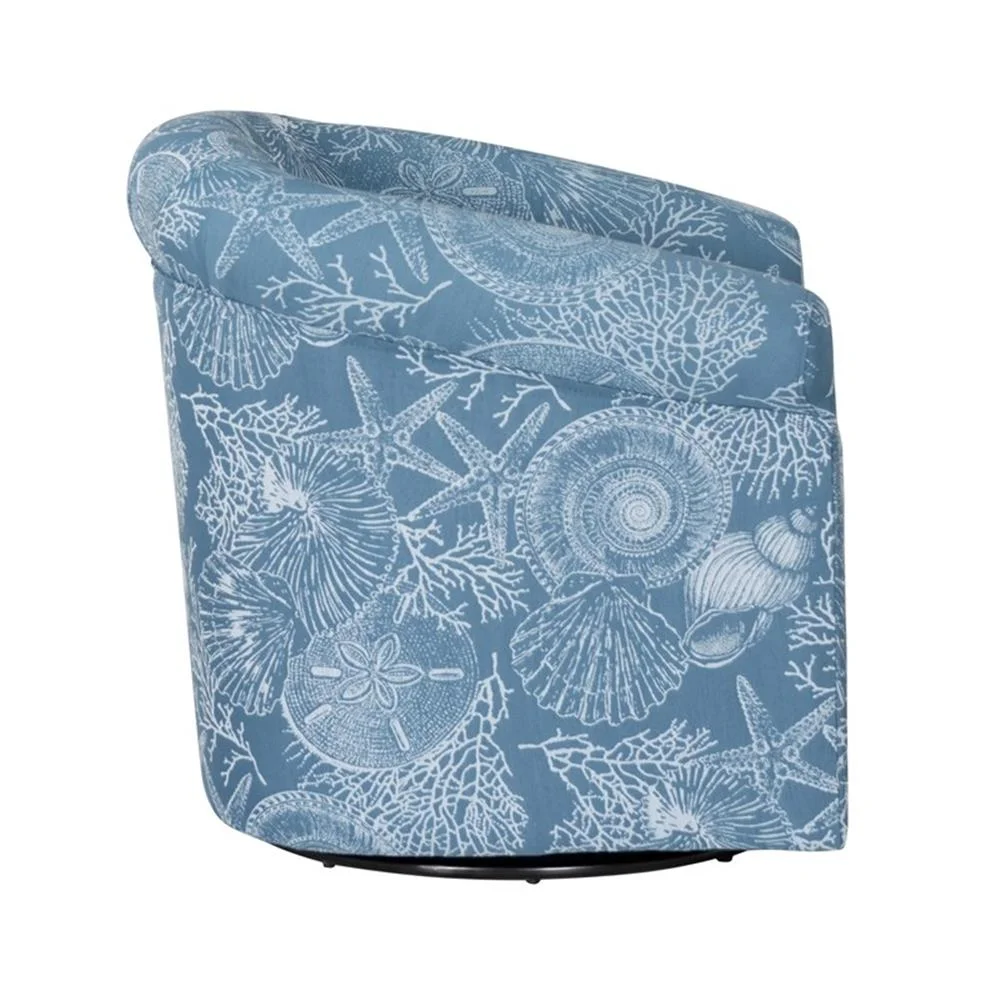 Rhea Fully Upholstered Coastal Swivel Club Chair in Blue Seashell Pattern(Denim Coastal Blue) - Image 4
