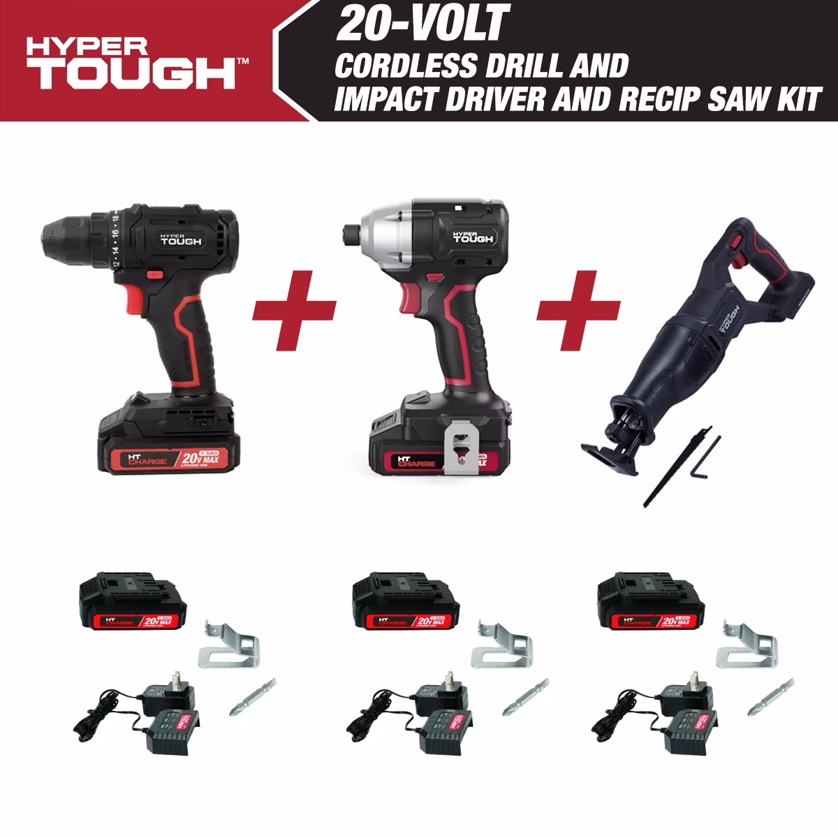 Hyper Tough 20V Cordless 3/8�� Drill, 1/4�� Impact Driver & Reciprocating Saw Bundle, (3) 1.5Ah Lithium-Ion Batteries & (3) Chargers