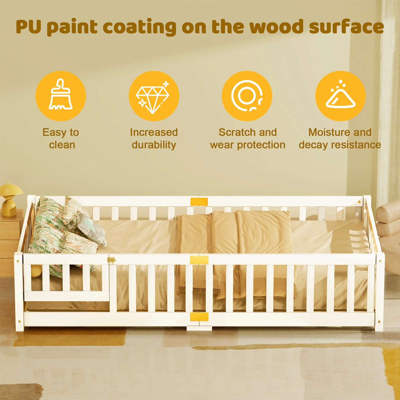 Twin Size Toddler Floor Bed, Solid Wood Montessori Bed Frame with Fence Door Montessori Floor Bed Crib with Safety Guardrails for Girls and Boys(White Twin) - Image 4
