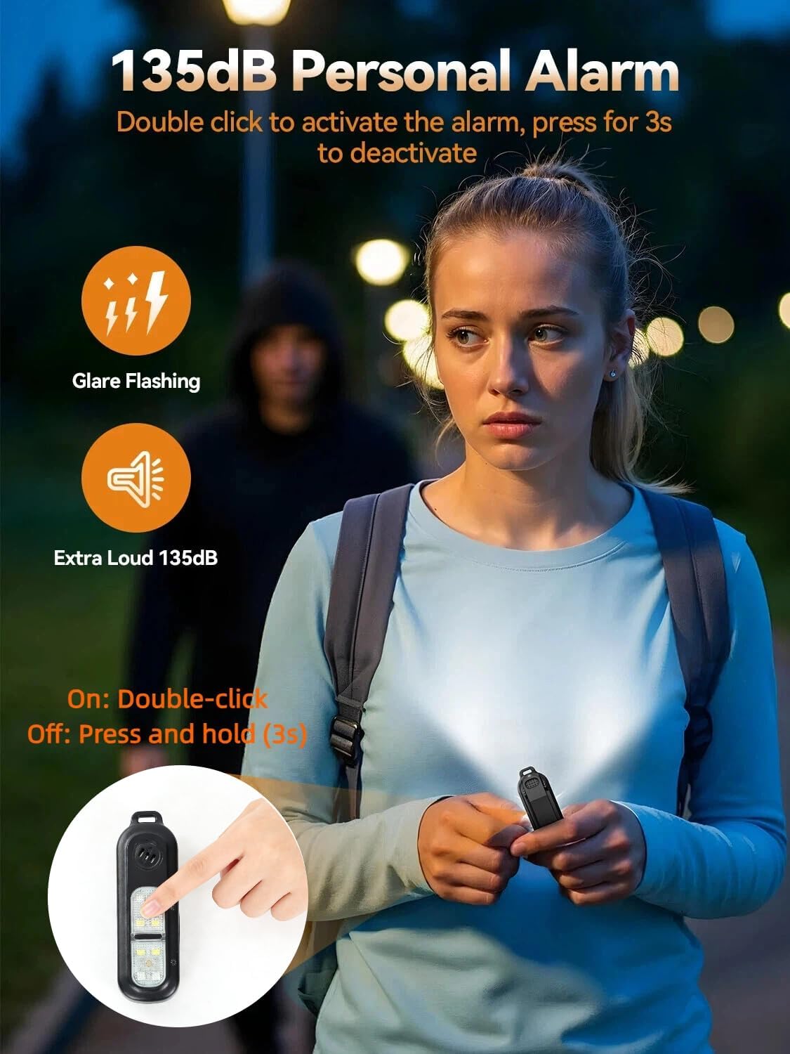 TECKNET Personal Safety Alarm 135dB with SOS Strobe Light for Women - Rechargeable& IPX4 Waterproof Running Lights with Clip On Torch & Low Battery Notice, Safety Siren for Travel Kids, Black
