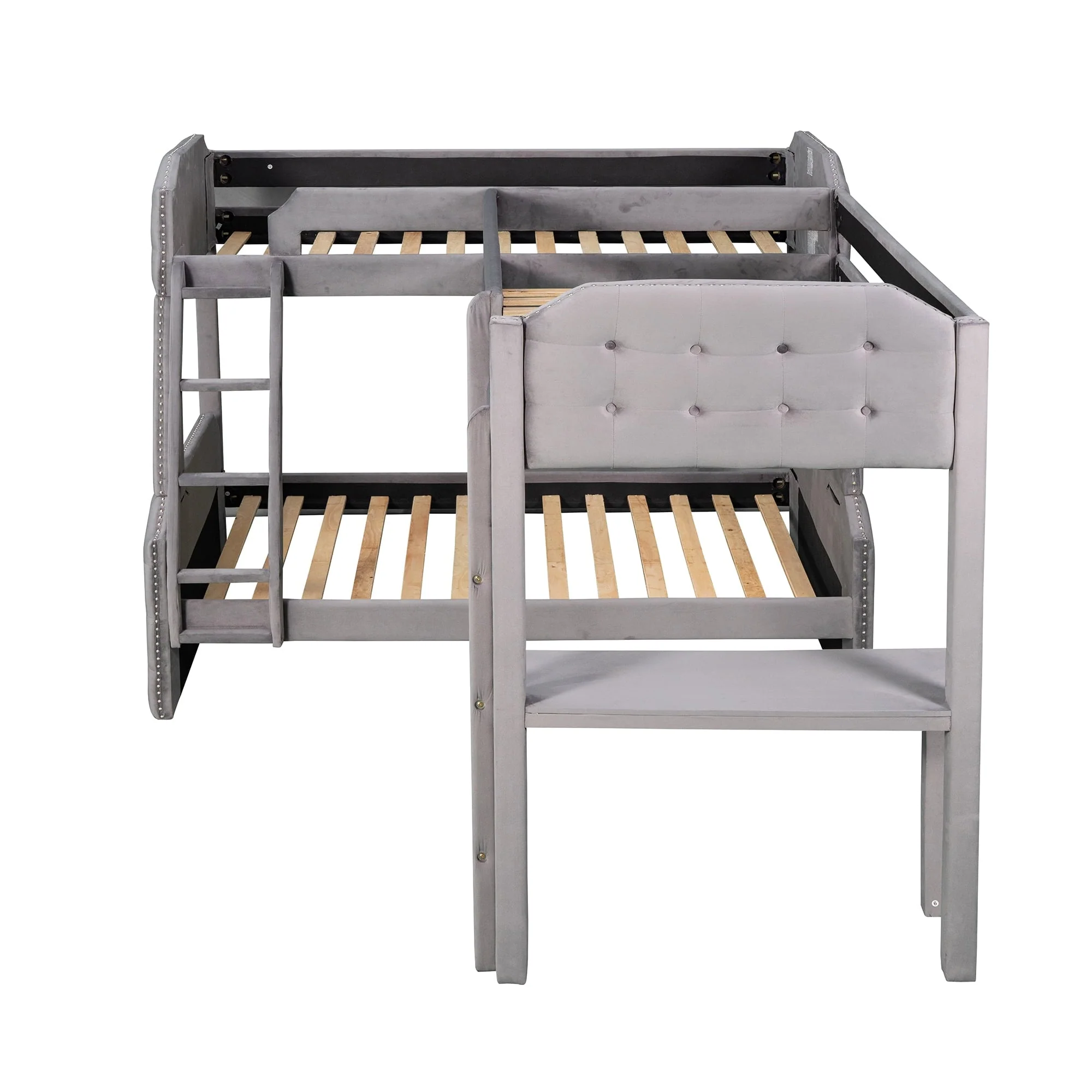 Upholstery L Shaped Twin over Full Bunk Bed and Twin Loft Bed with Desk for Kids Bedroom, Gray Image 9