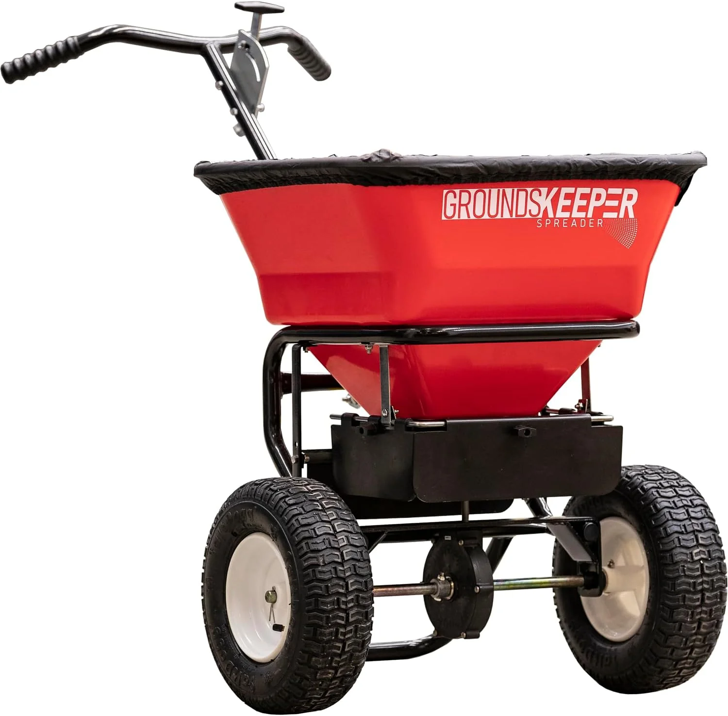 Épandeur à pousser à conducteur marchant, capacité de 100 lb, pour le sel, le dégivrage et le déneigement, grille et couvercle inclus avec boîte de vitesses fermée pour la protection.