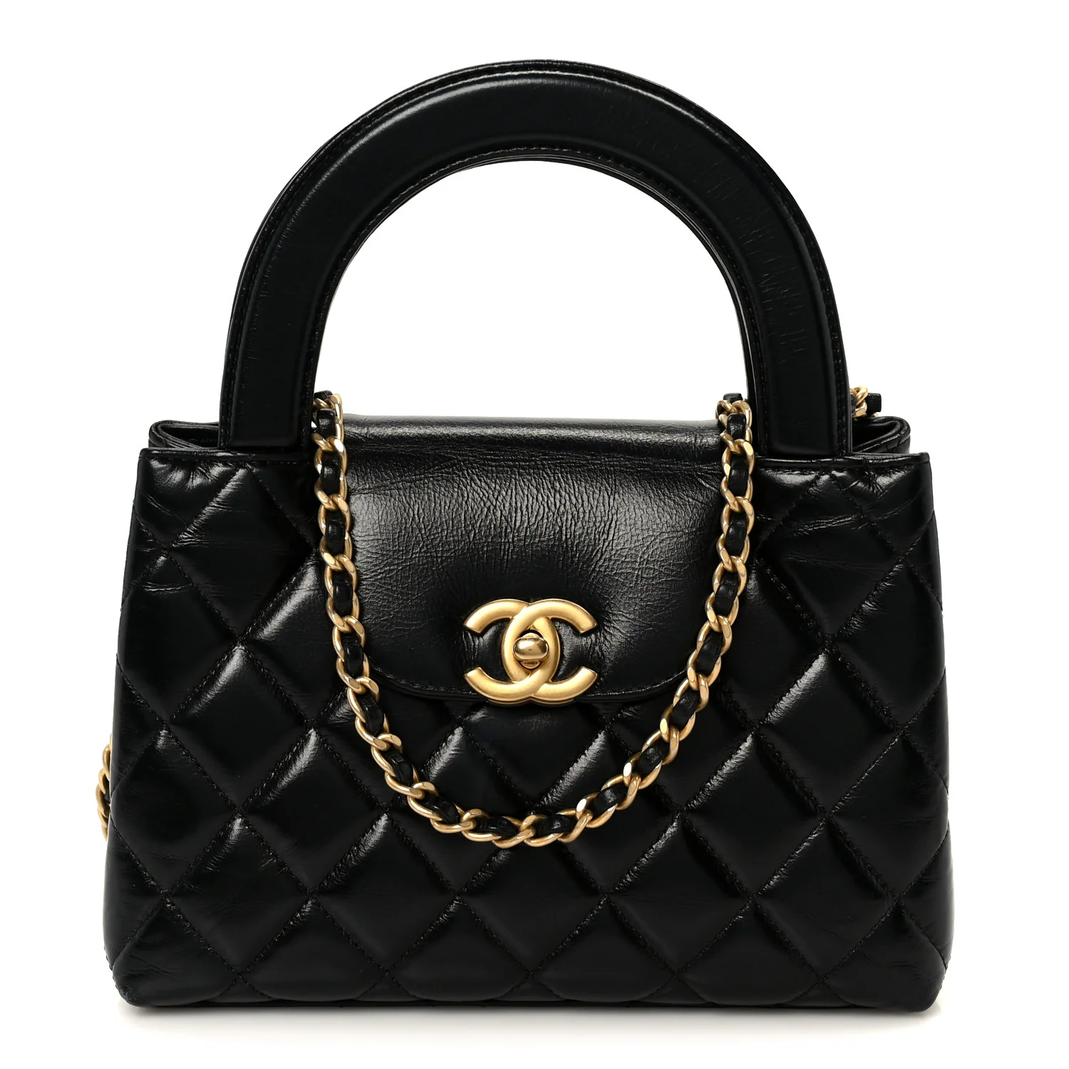 Shiny Aged Calfskin Quilted Nano Kelly Shopper Black