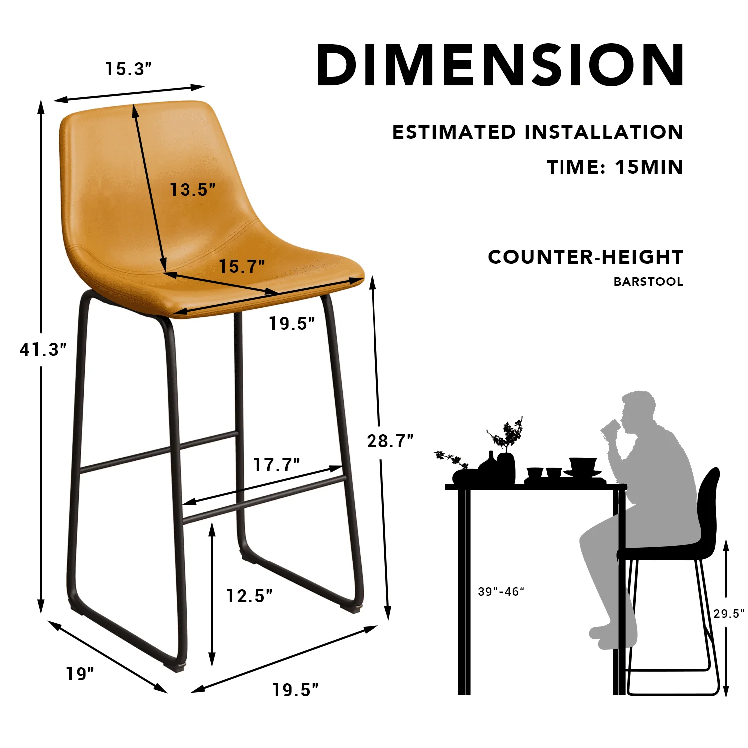 Homall Barstools High PU Leather Counter Bar Stool With Back and Footrest Set of 2, Light Brown(Black)