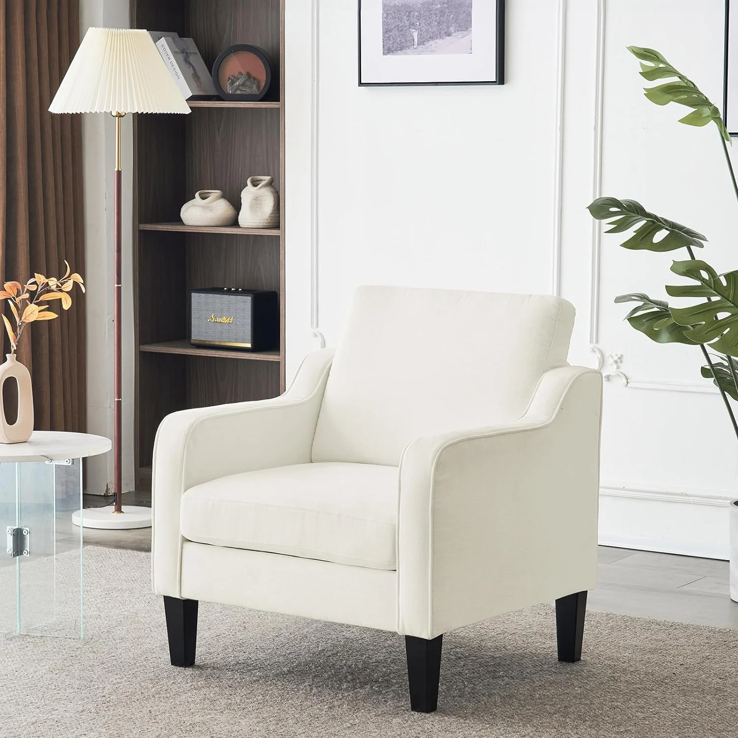 VINGLI Mid Century Modern Chenille Comfy Armchair, Creamy White
