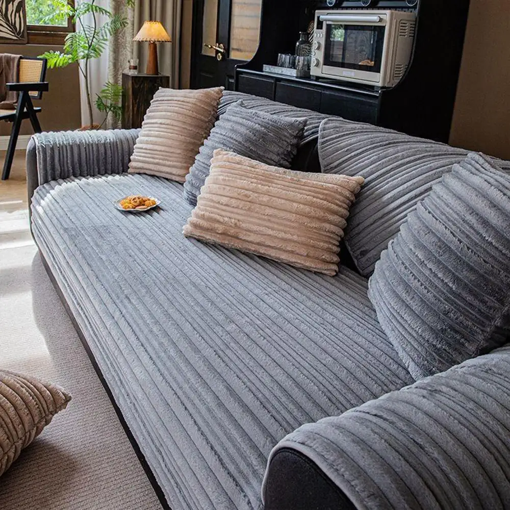 Modern Asymmetrical Stripes Soft Plush Non-Slip Couch Cover