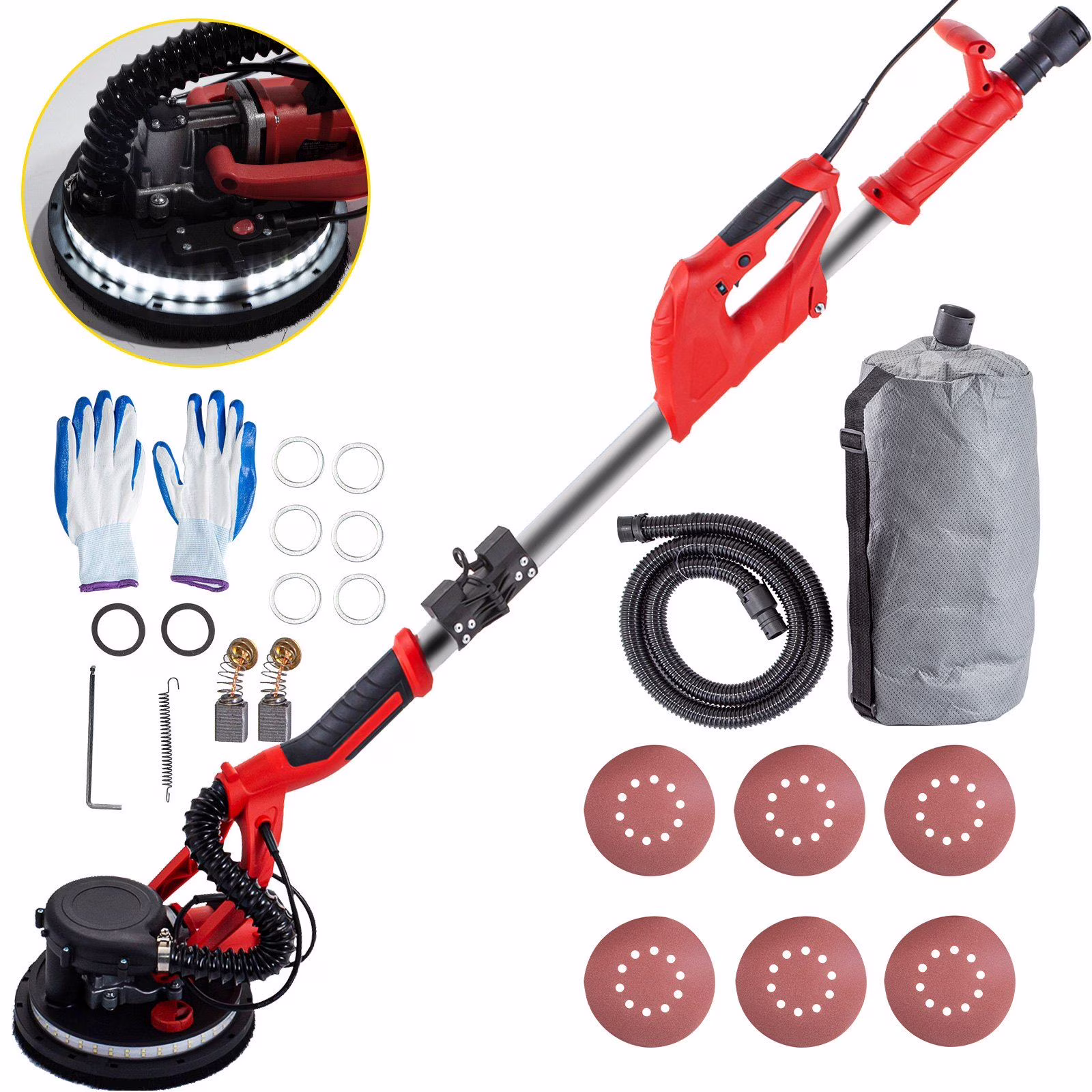 Drywall Sander 850W, Electric Drywall Sander, Electric Sander, with LED Strip Light and Vacuum Bag, Variable Speed 800-1750 RPM, Foldable Sheetrock Sander, with Telescope Handle, Wall Sander(Red 850W with LED Strip Light)