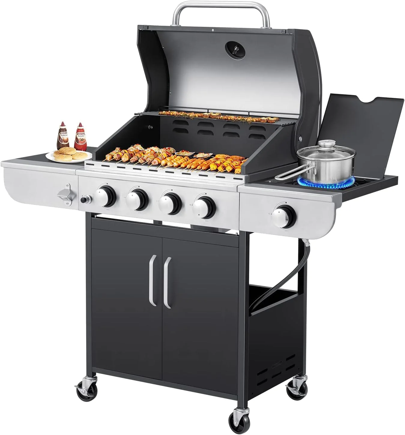 Barbecue à gaz propane amélioré à 4 brûleurs avec grilles en fonte et réchaud latéral, brûleur en acier inoxydable de 44 000 BTU pour terrasse, camping et cuisine en plein air.