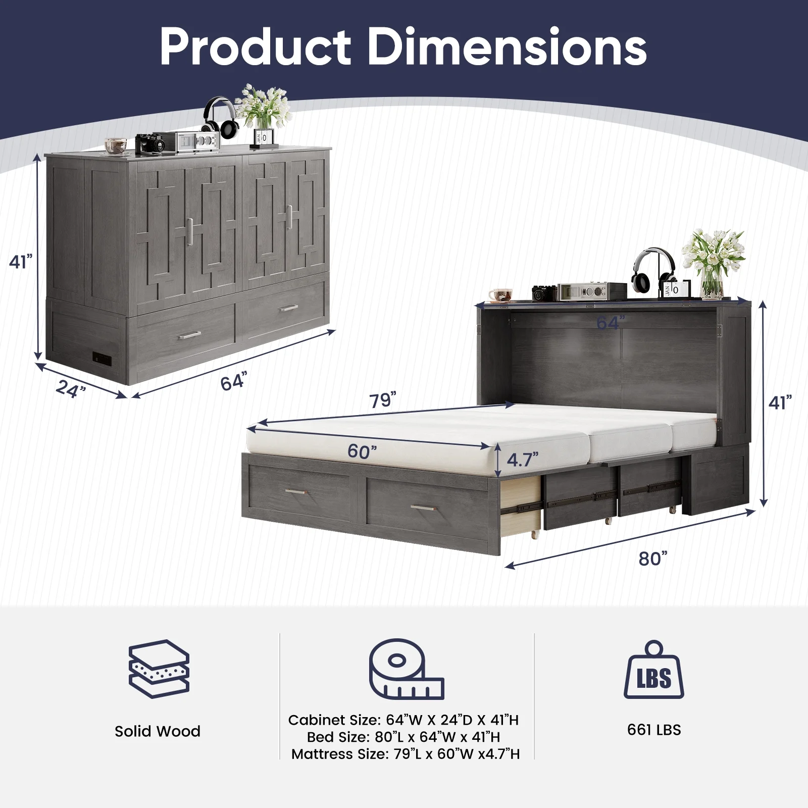ZAFLY Murphy Bed with Trifold Foam Mattress, Cabinet Bed Has USB Charging Station, Convertible Bed with Storage Platform, Cabinet Chest Bed with Large Drawers for Living Room/Bedroom (Grey)