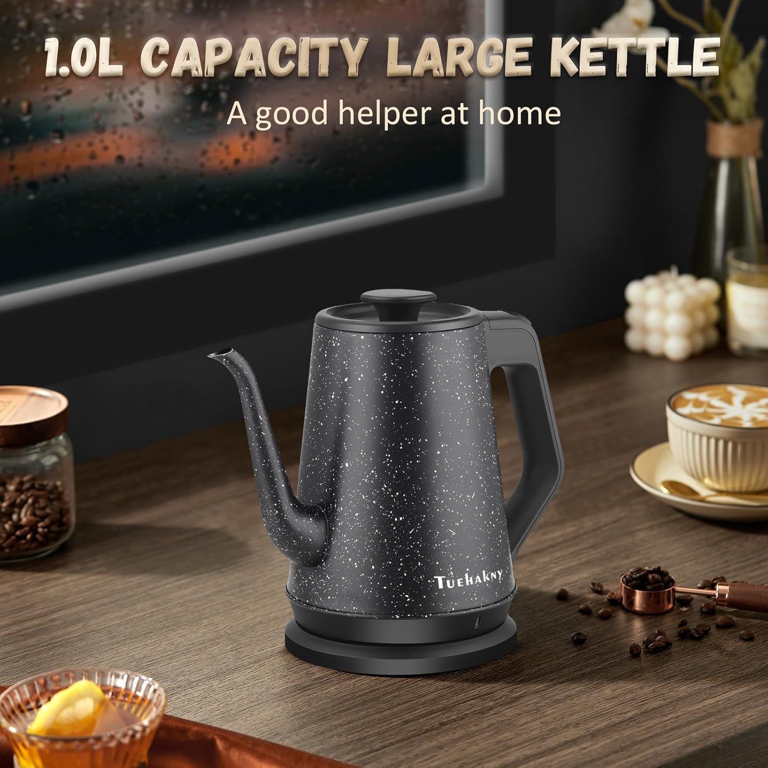 Gooseneck Electric Kettle 1L, 1000W Stainless Steel, Black