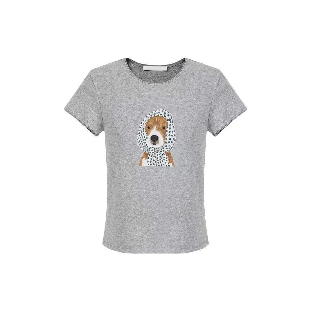 LONGÉ Women's Viscose Cotton Acrylic Blend Dog Graphic T-Shirt - Light Gray