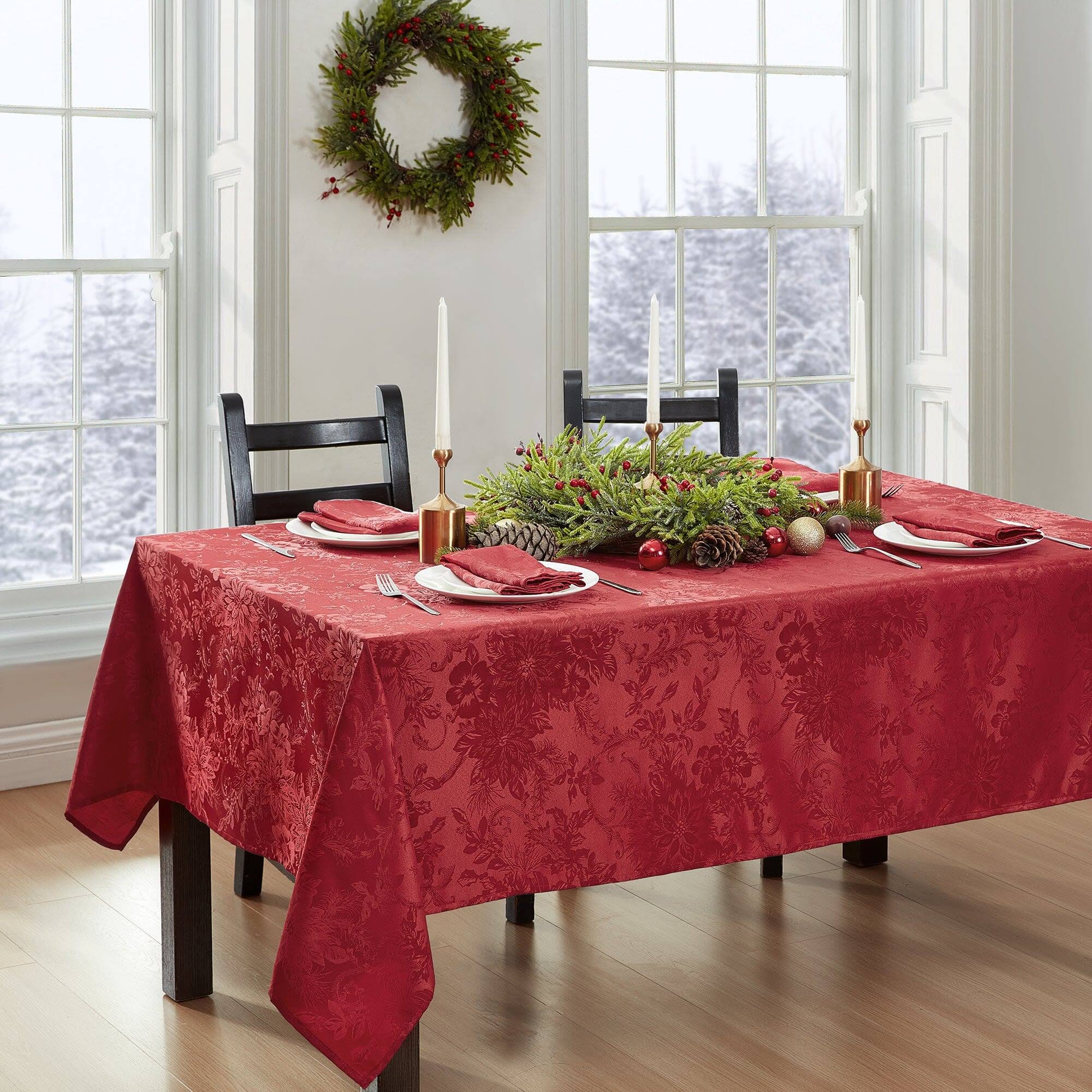 Elrene Poinsettia Elegance Jacquard Holiday Tablecloth - 60