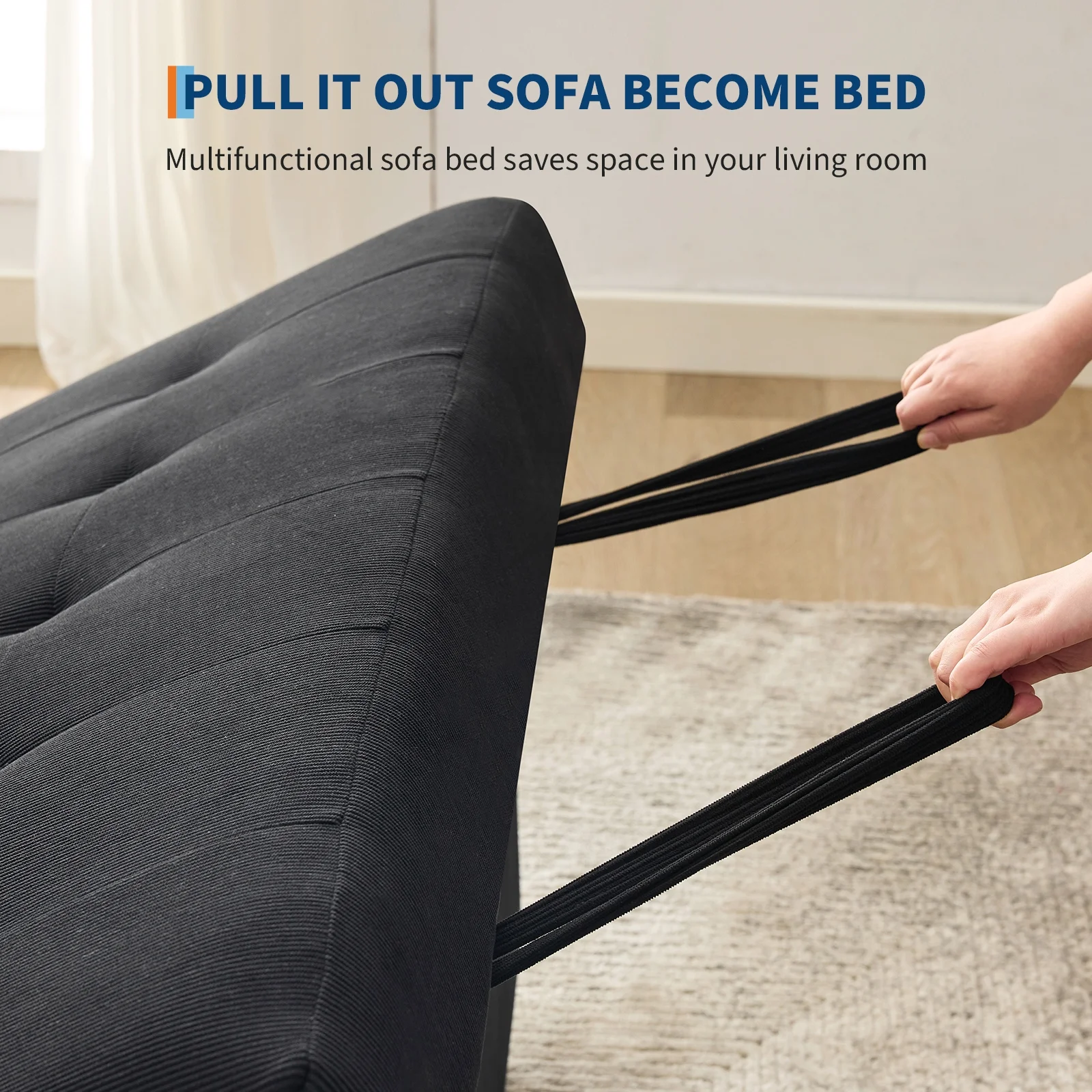 3 in 1 Convertible Sleeper Sofa Bed, Corduroy Futon Couches with Pull-Out Bed, Adjustable Backrest, Charging Port Side Pockets, Modern Upholstered Sofa for Living Room, Guest Room(Queen/Corduroy | Black) - Image 10