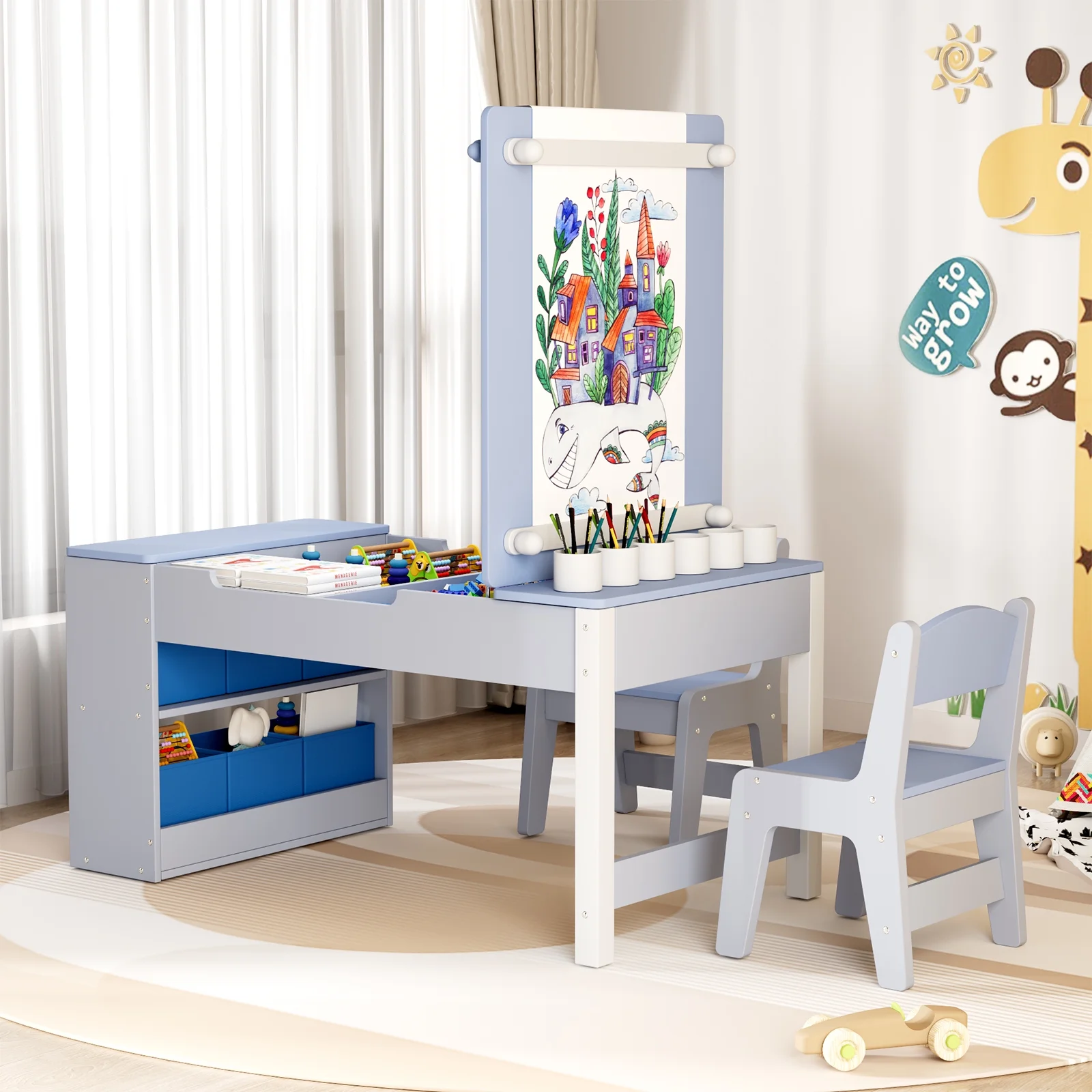 Kids Art Table and 2 Chairs Set, 2 in 1 Easel Toddler Craft Table and Chairs Set with Storage Bins, Paint Cups and Paper Roll, Activity Table Set for Children 3+(Blue) - Image 5