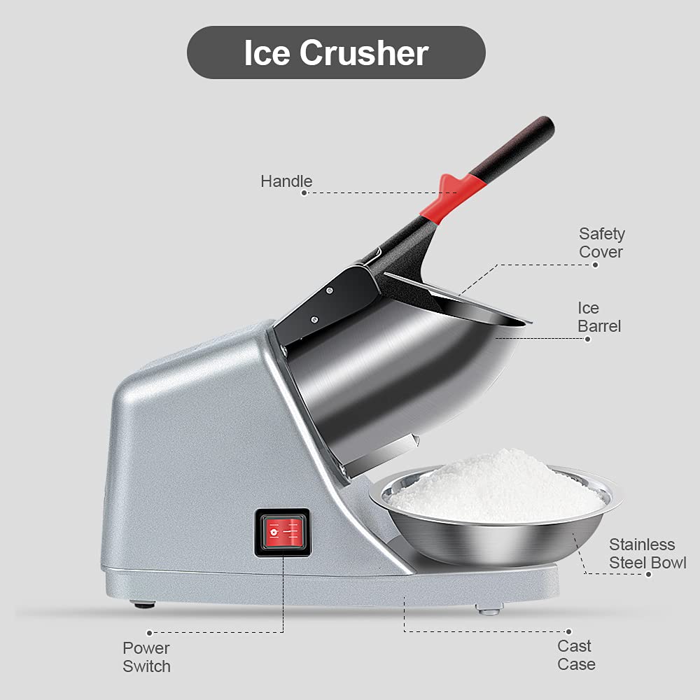 Ice Shaver Prevent Splash Electric Three Blades Snow Cone Maker 380W Stainless Steel Shaved Ice Machine 286lbs/hr Home and Commercial Ice Crushers with Ice Pick (Silver)