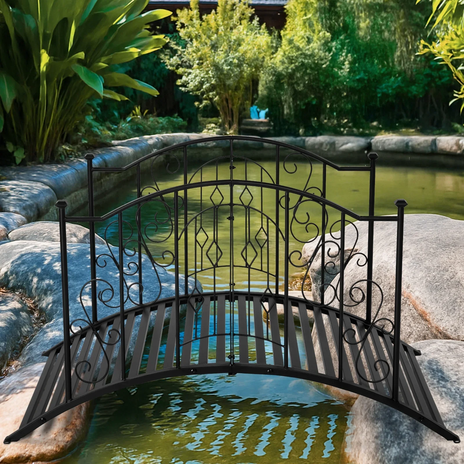 Ktaxon 4ft Wrought Iron Arched Bridge Railing with Square Top for Garden Yard, Black
