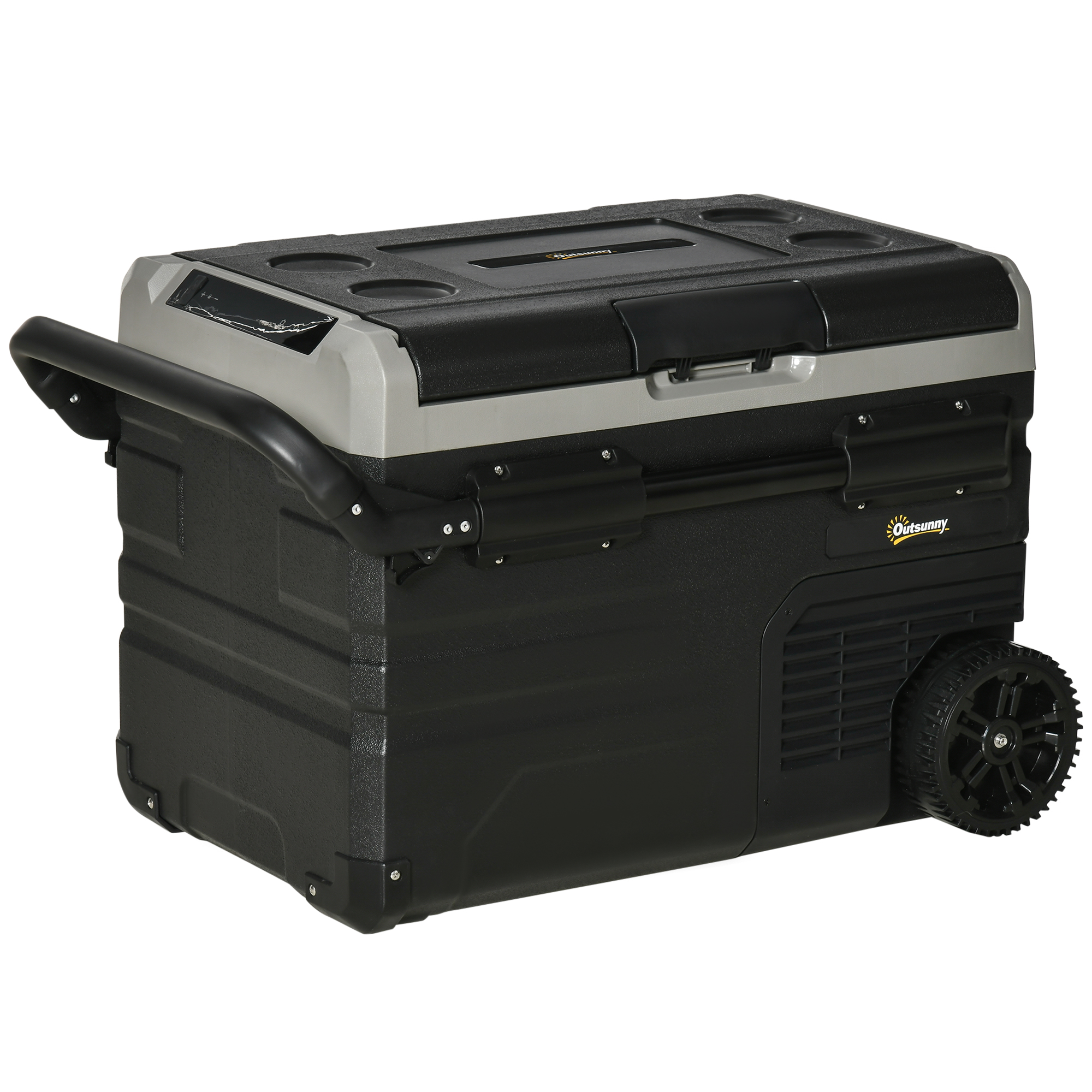 Outsunny koelbox auto 40L met LED verlichting compressor auto koelkast met handgrepen transportwielen kofferbak camper travel 12/24V DC en 110-240V AC grijs + zwart