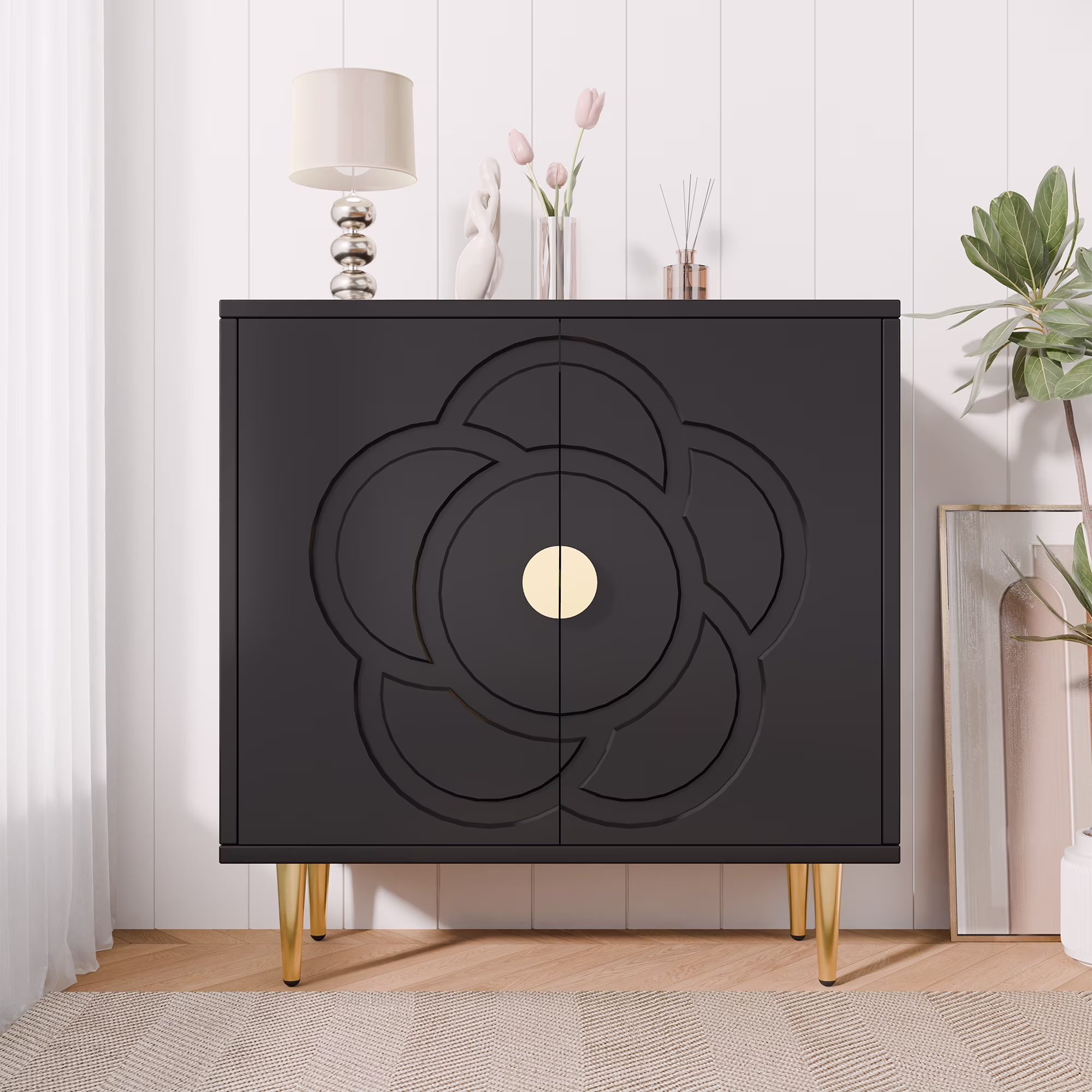 Modern Sideboard Buffet Cabinet with Flower Pattern Panel, 6 Shelves, White(white) - Image 5
