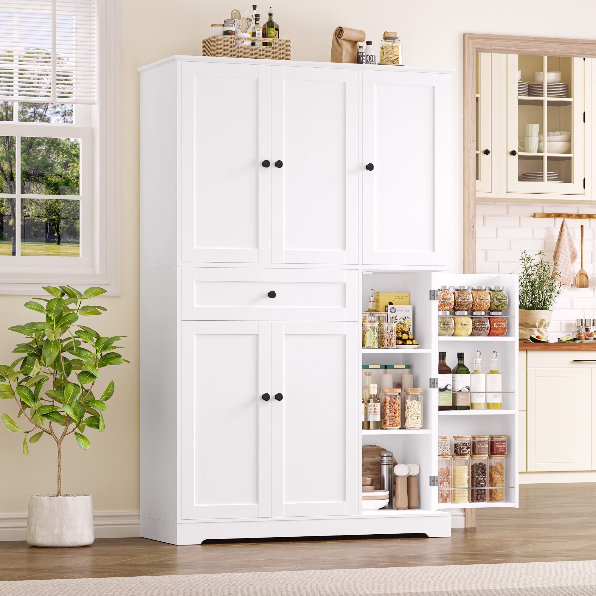 Kitchen Pantry Storage Cabinet, 68" Food Pantry Cabinet with Drawer and Door Shelf, 6 Door Freestanding Cupboard Buffet for Dining Room, White(White)