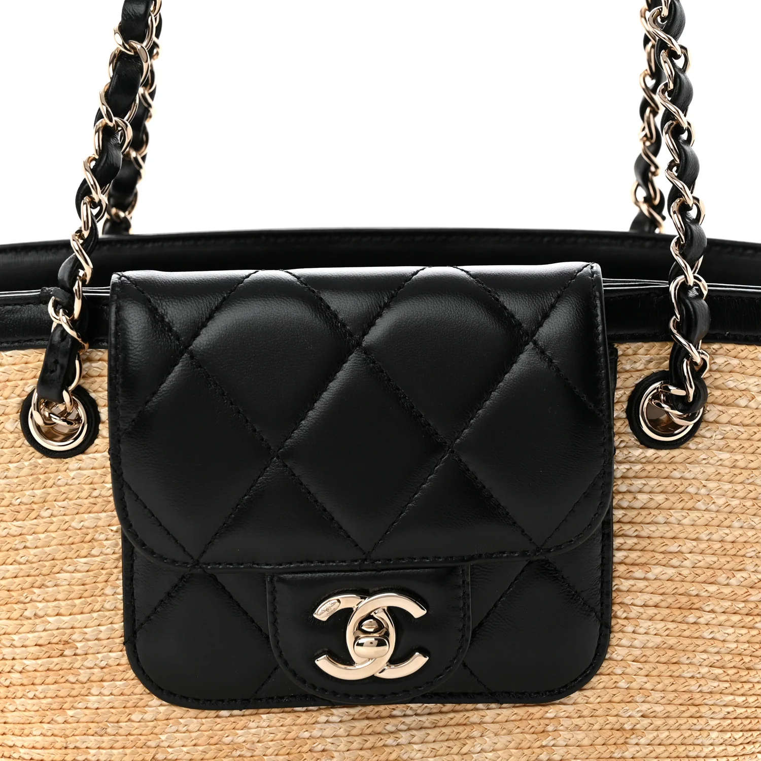 Raffia Braided Lambskin Small Shopping Tote Beige Black