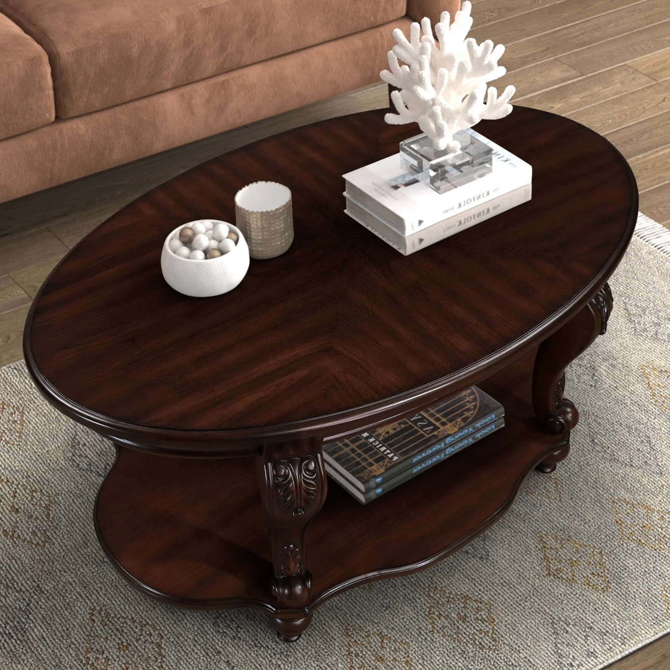 42" Oval Coffee Table with Storage Shelf, 2-Tier Solid Wood Cocktail Tea Table, Traditional Retro Center Table for Living Room, Bearing 400LBS, Cherry(Cherry) - Image 2