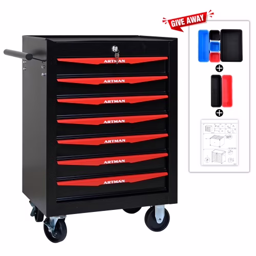 POVANLI 7 Drawer Portable Tool Box With Wheels,20 Tool Chest With Key Locking Tool Boxes/Organizers Black&Red